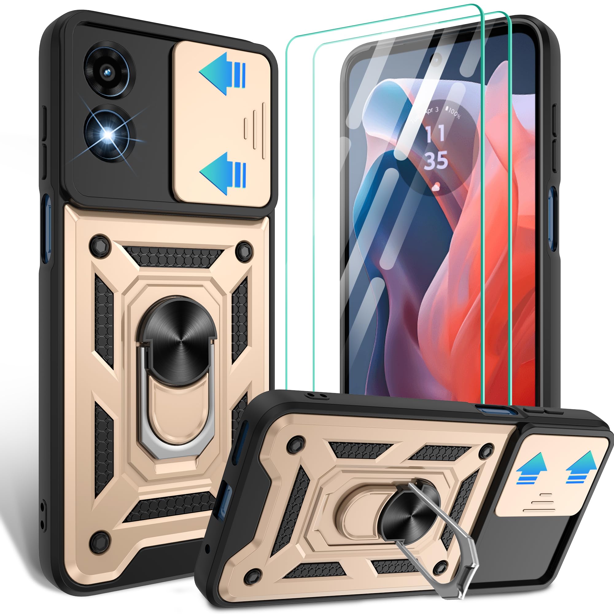 for Moto-G-Play-2024-(4G) Case with [HD Screen Protector×2], 360°Rotation Ring Kickstand [Military Grade] Case, for Motorola Moto G Play 2024(4G),Gold