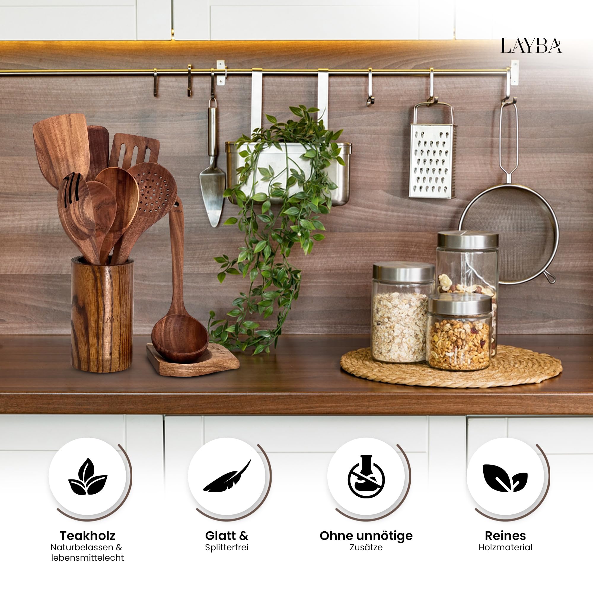 LAYBA Teakholz Küchenutensilien Set, Holz Küchenhelfer zum Kochen, Servieren, Wenden und Anrichten, Küchenutensil für Pfanne, Topf und Tisch