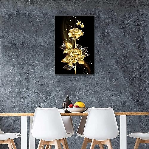 Miniatura 5 de Xiuwon Arte de pared de rosa dorada, póster abstracto de hoja dorada, impresión de árbol de flores, pinturas de mariposas sobre rosas, decoración de