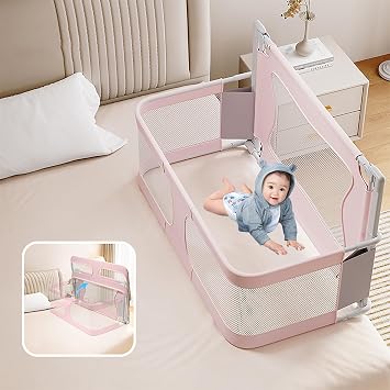 3 in 1 Bedside Crib, Baby Bassinet Bedside Sleeper, Folding Portable Crib, Baby Bed Sleeper Baby Crib Bassinet Sleeper, breathable and visible mesh window, Easy to AssemblePink