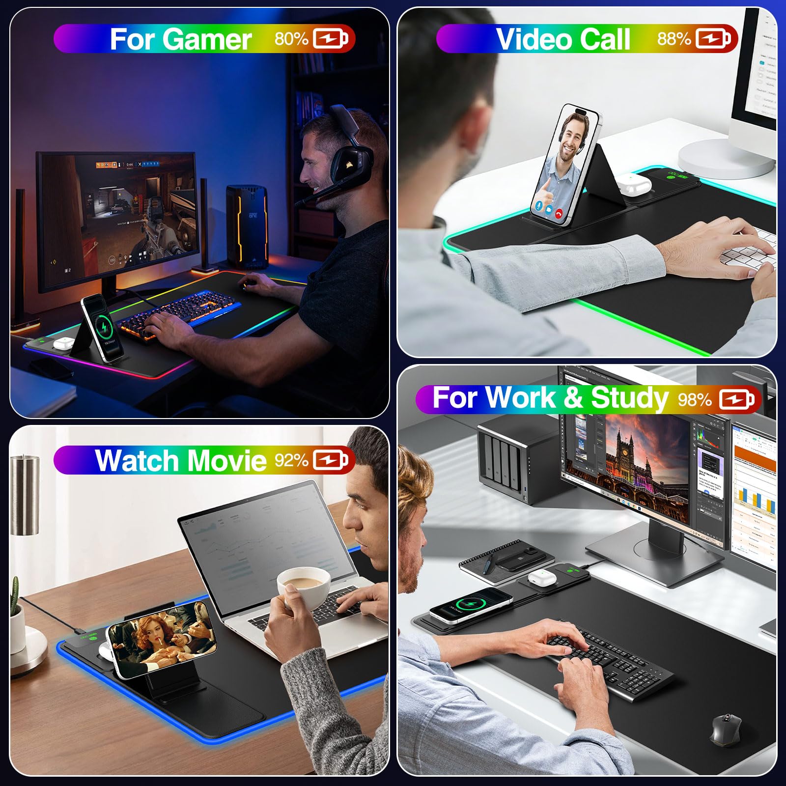 Tappetino per mouse da gioco XXL RGB LED con caricabatterie wireless magnetico e supporto pieghevole per telefono, 80 x 40 cm, tappetino da scrivania ultra liscio, 25 effetti di luce, base antiscivolo