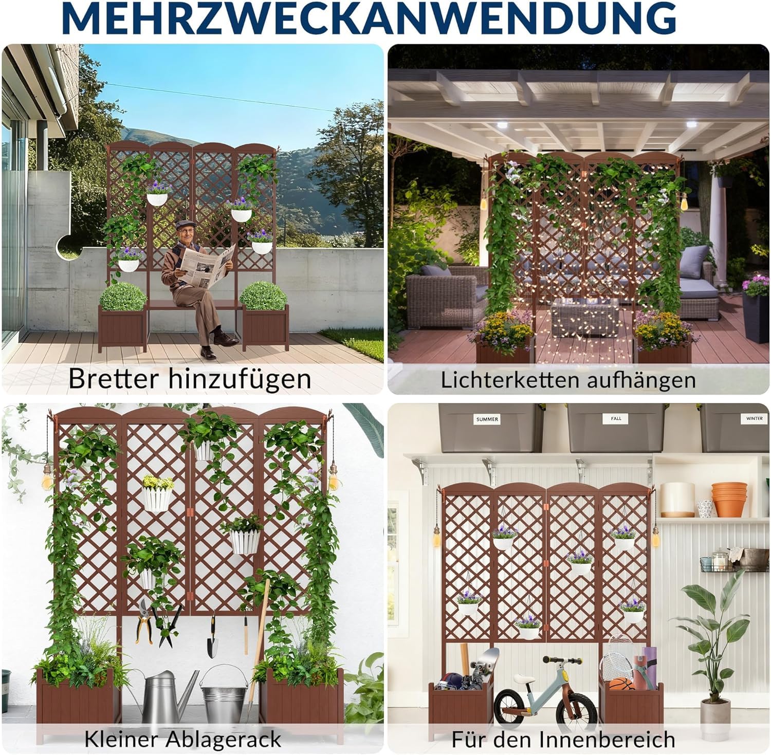 Vaso rialzato in abete impermeabile con traliccio per rampicanti 160x40,6x183 cm | Vaso da giardino schermo visivo con drenaggio | Modulare per piante rampicanti marrone scuro(Confezione da 2 pezzi)