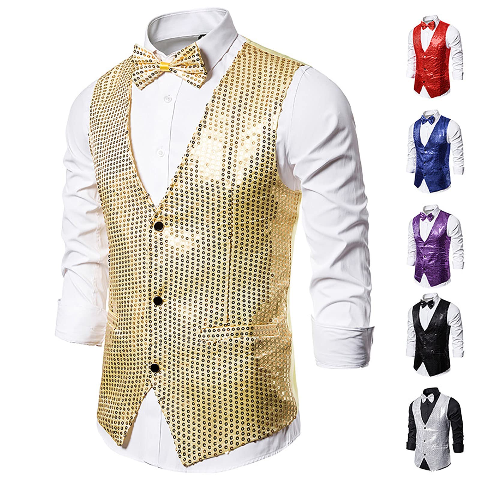 Men's Shiny Sequin Suit Vest V-Neck Regular-Fit Party Dress Suit Waistcoat Bowtie 2 Pieces, Mens Sequins Vest Shiny Party Nightclub Waistcoats Sleeveless Jacket Prom Dress Suits Vest with Bow Tie