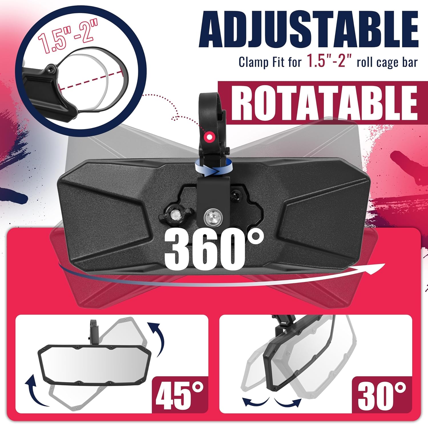 UTV Rear View Mirror for 1.5"-2" Roll Cage Adjustable Viewing Angle Compatible with Polaris RZR Series XP 1000 Maverick X3 Honda Pioneer Arctic Cat
