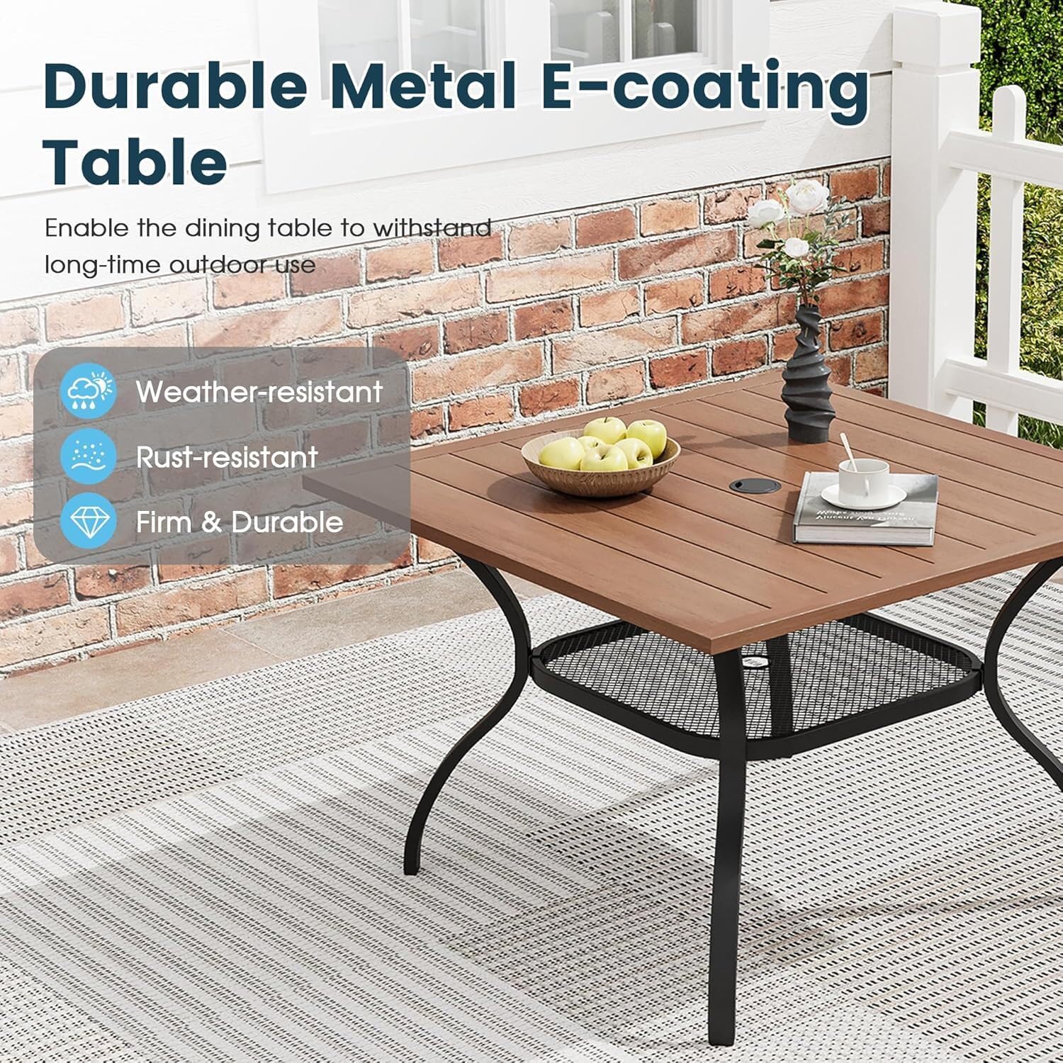 5 Pieces Outdoor Dining Set, Patio Furniture Set Includes 37.8" Square Metal Dining Table with Umbrella Hole and 4 Stackable Rattan Chairs for Balcony, Porch, Backyard, Brown