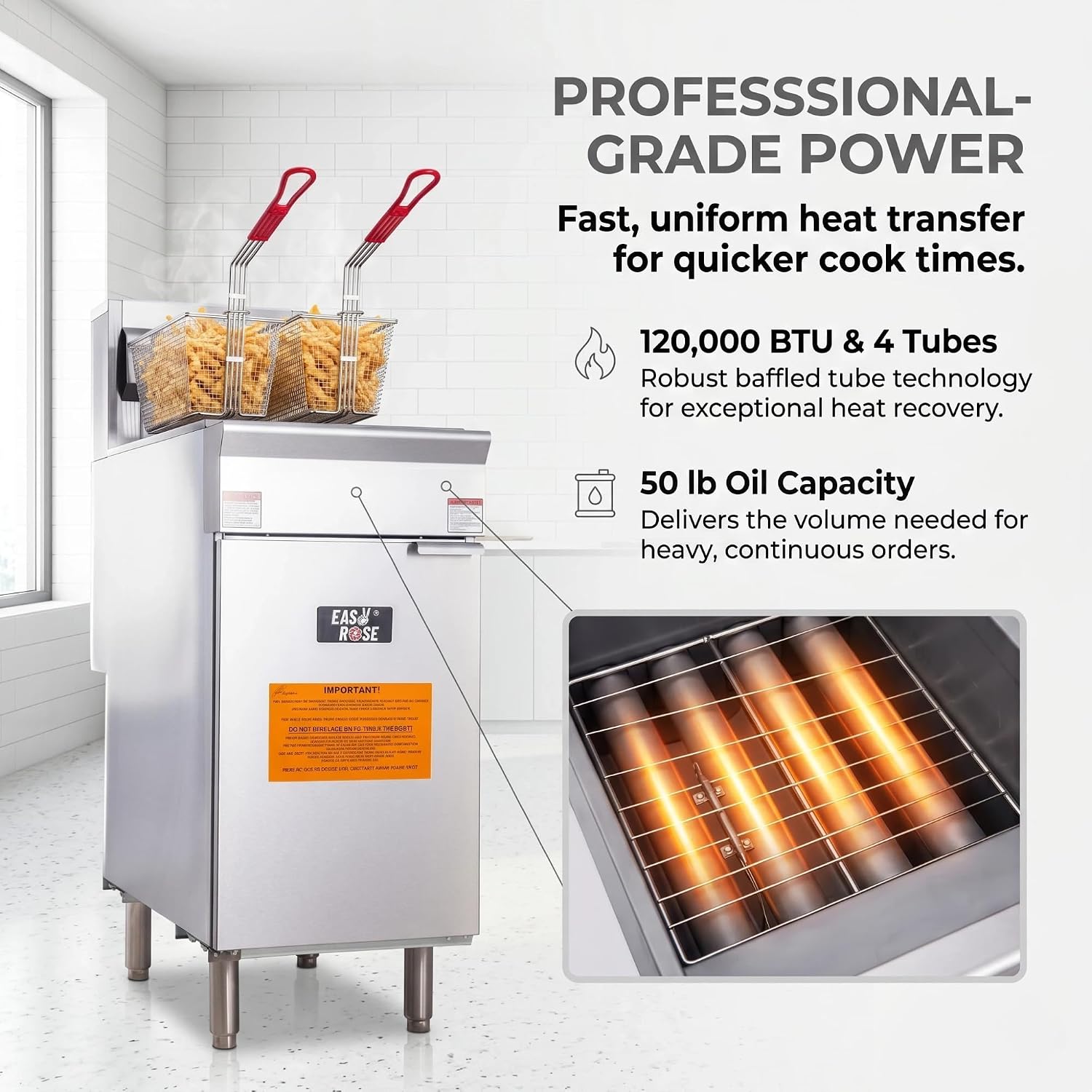 Heavy-Duty Commercial Natural Gas Deep Fryer, 120,000 BTU 4-Burner Stainless Steel Gas Fryer, 50 lb Capacity with Commercial Grade Thermostat & 2 Baskets, ETL Sanitation Listed