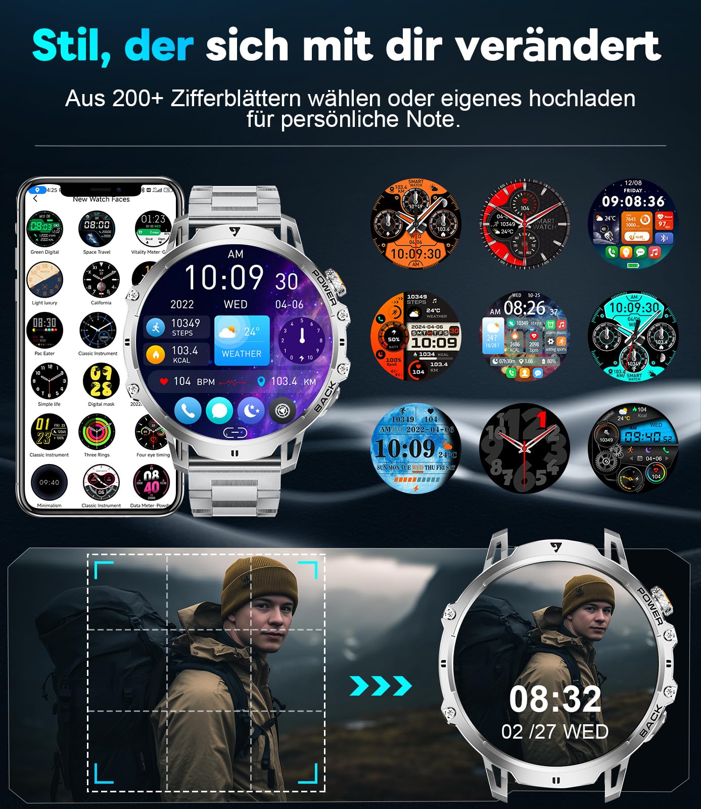 LIGE Montre Connectée Homme avec 1000mAh/1,85'' HD Grand Écran/LED Lampe,Smartwatch Homme avec Moniteur de Fréquence Cardiaque et Sommeil/110+ Modes Sportifs,IP68 Étanche Android iOS,Argenté