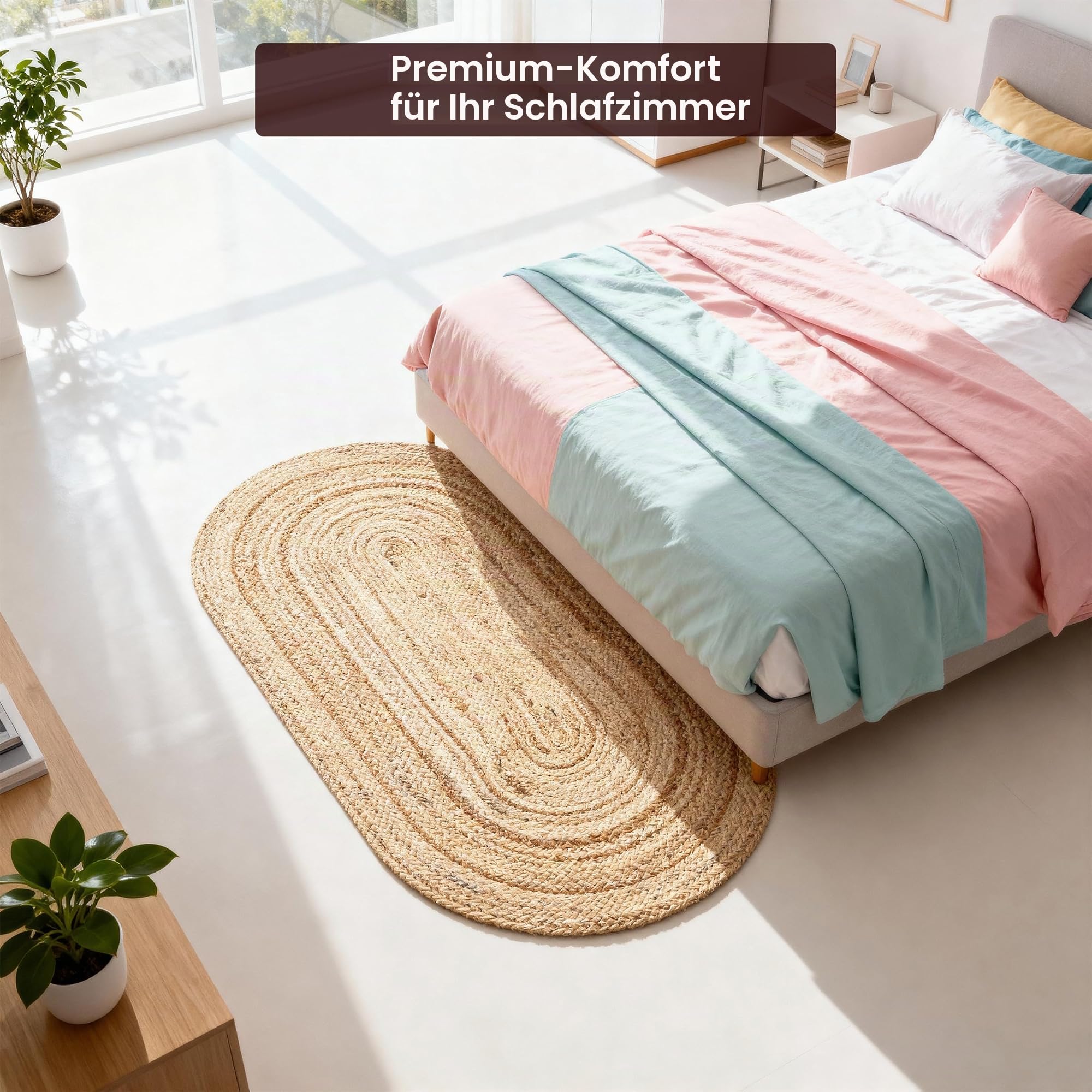 Craft Trade Handgewebt Natur Boho Jute Teppich Reversibel Geflochten Waschbarer Oval Juteteppich für Küche Wohnzimmer und Schlafzimmer- 90x150 cm