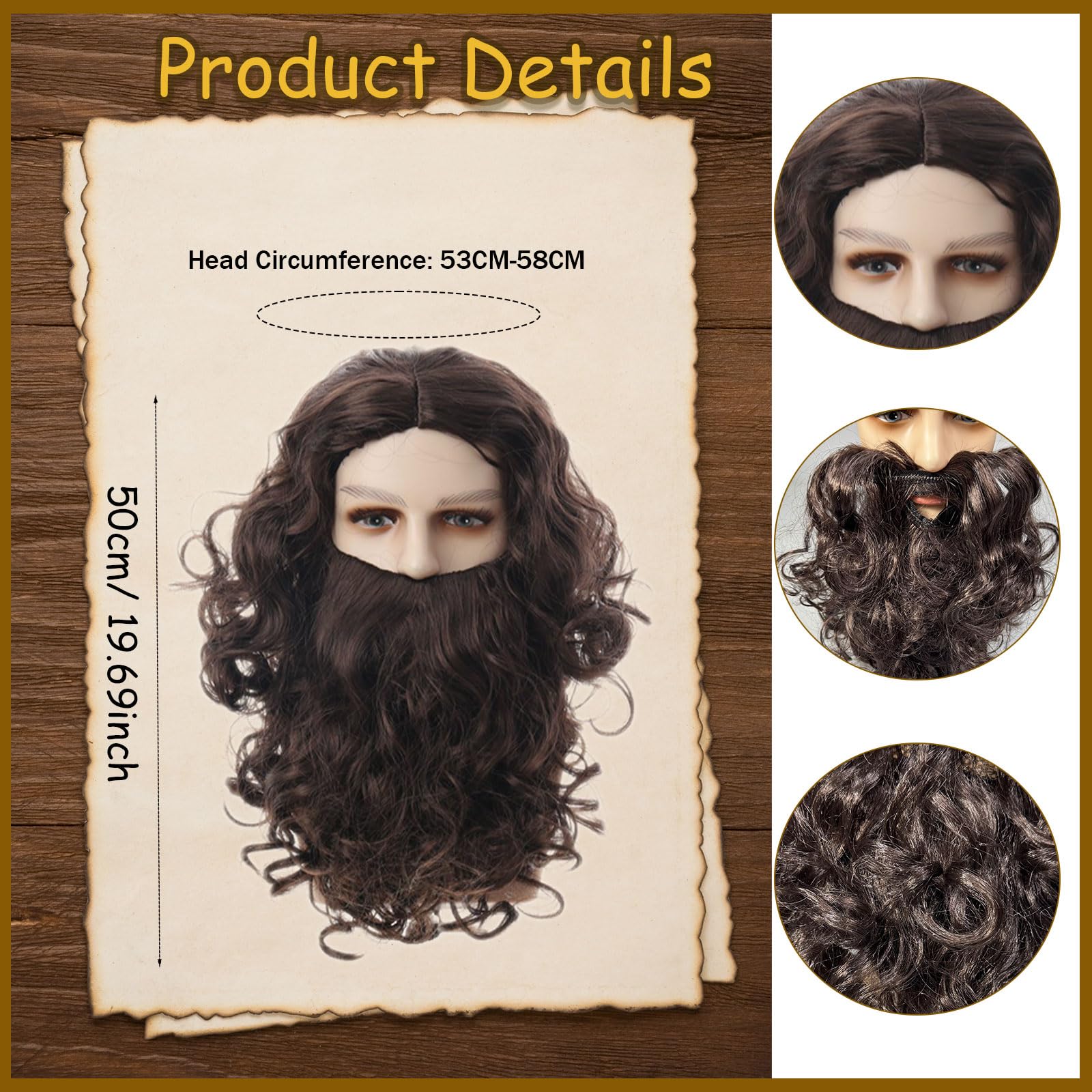FOUNSHO Long Wig and Beard Adults Dark Brown Curly Wig for Halloween Carnival Wizard Fancy Dress Party - Image 2