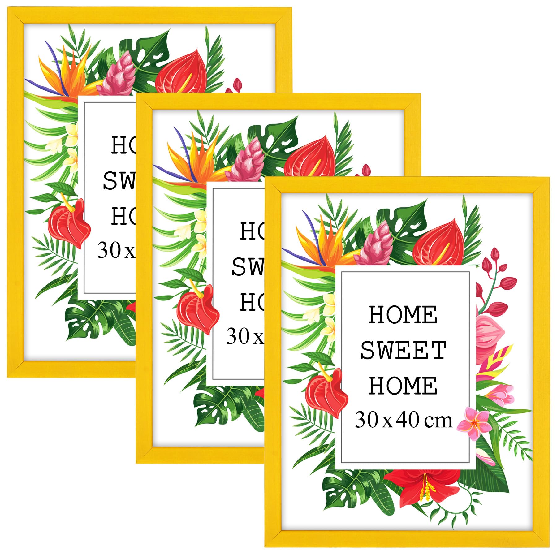 MG Design Set of 3 Wooden Picture Frame 12x16 inch (30x40 cm), Yellow Real Wood Frame with Acrylic Glass, Vertical & Horizontal Hanging – for Photos, Posters, Certificates, Puzzles