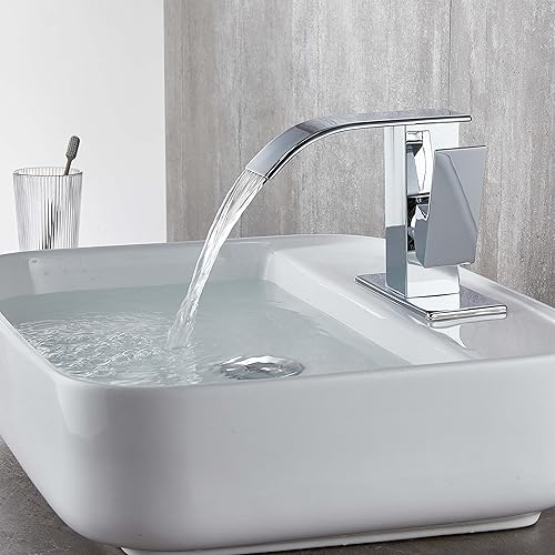 Miniatura 4 de Skybathjoy Grifo de lavabo de baño de un solo agujero, boquilla de cascada cromada, grifos de baño de acero inoxidable para fregadero, 1 agujero,