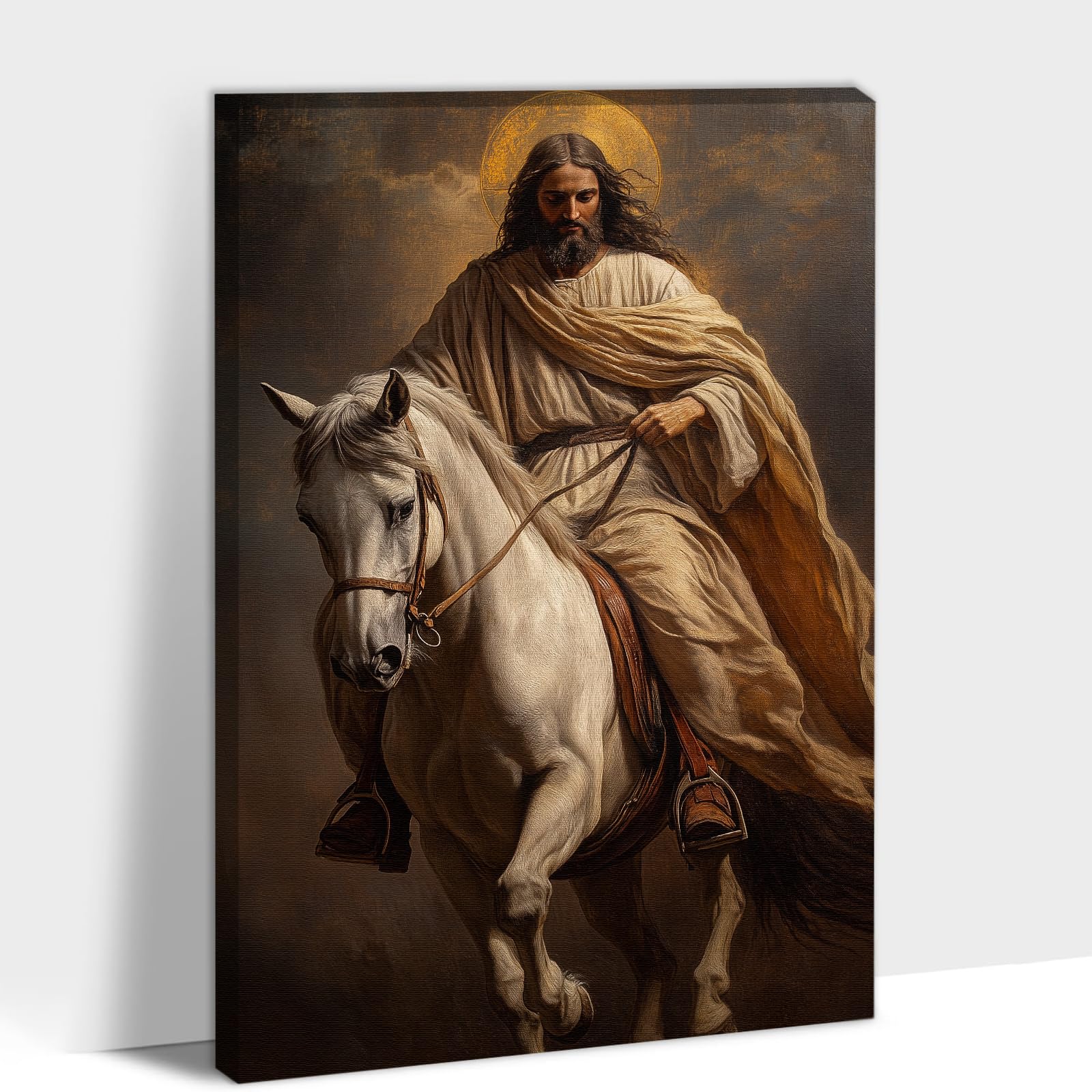 ANRUOXI Horse Pictures Wall Decor, Horse Posters Canvas Wall Art Framed, Jesus Riding White Horse Painting Wall Decor, Vintage Jesus and Horse Wall Art for Office Ready To Hang 12x18''