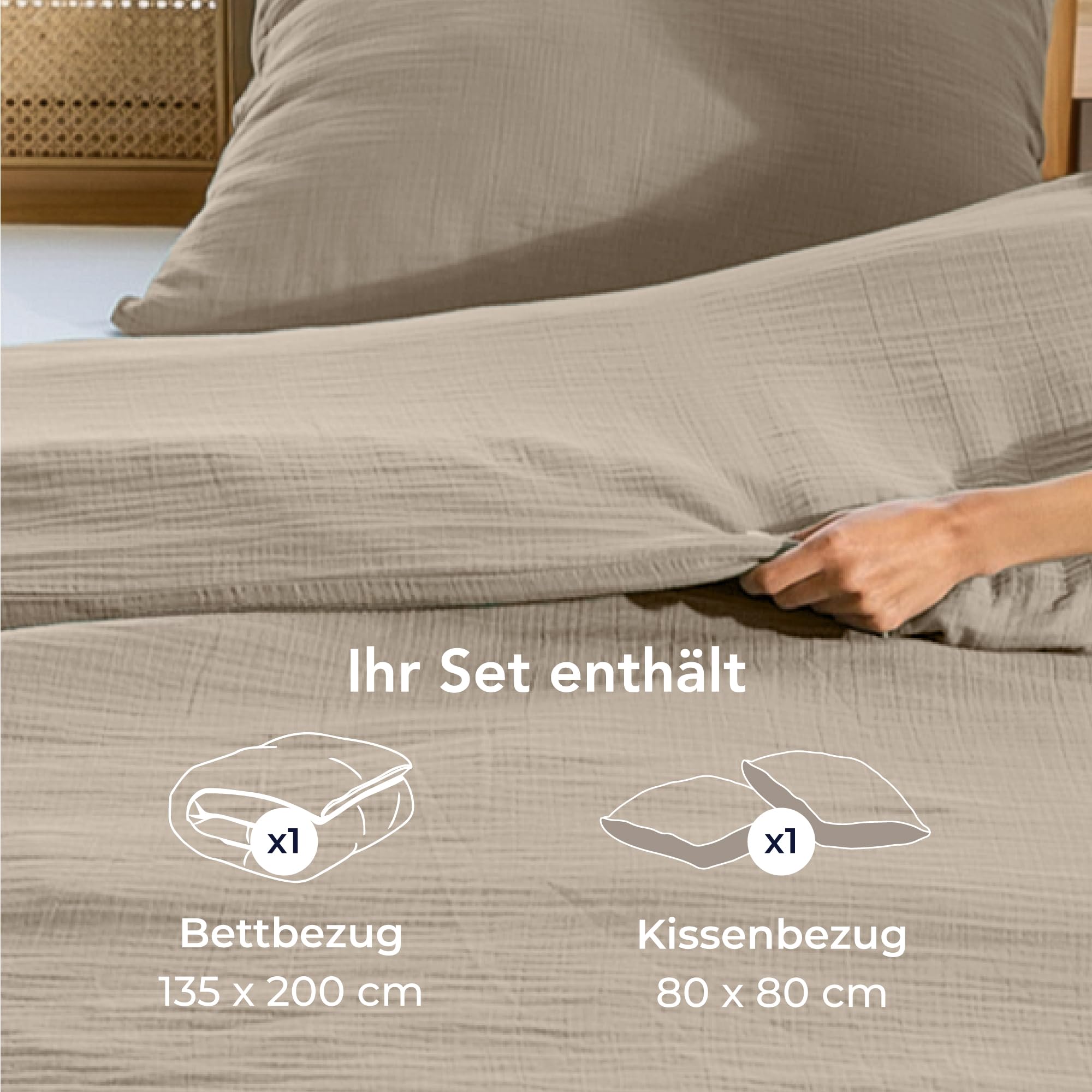 Dreamzie Musselin Bettwäsche 135x200 cm aus 100% Baumwolle – Bettwäsche Set mit 1 Bettbezug und 1 Kissenbezug 80x80 cm – Oeko-Tex Bettwäsche mit Reißverschluss – Taupe
