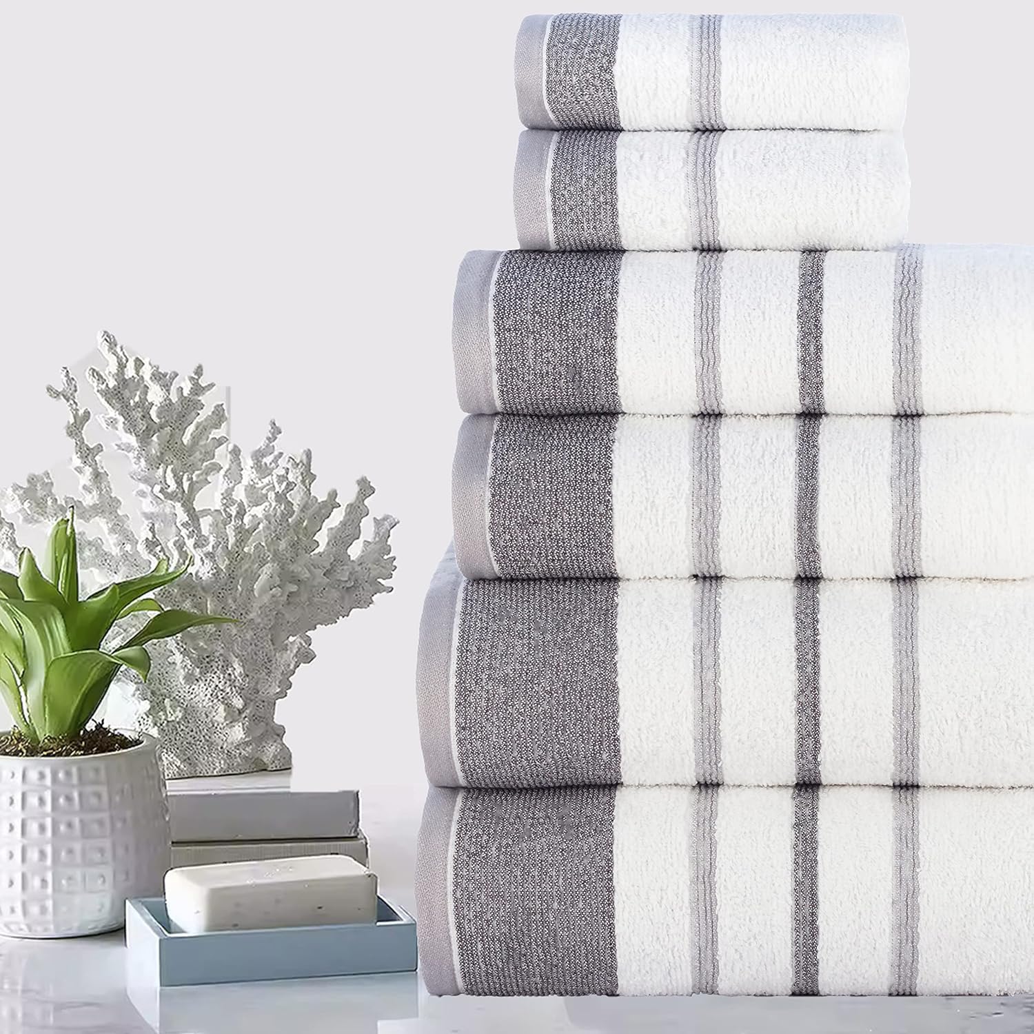 Casa Copenhagen Juego de 6 Toallas de baño, 600 g/m², Blanco Gris | White Bay 100% algodón egipcio puro para baño, cocina y ducha: 2 toallas baño, 2 de mano, 2 paños (set regalo mujer y hombre)