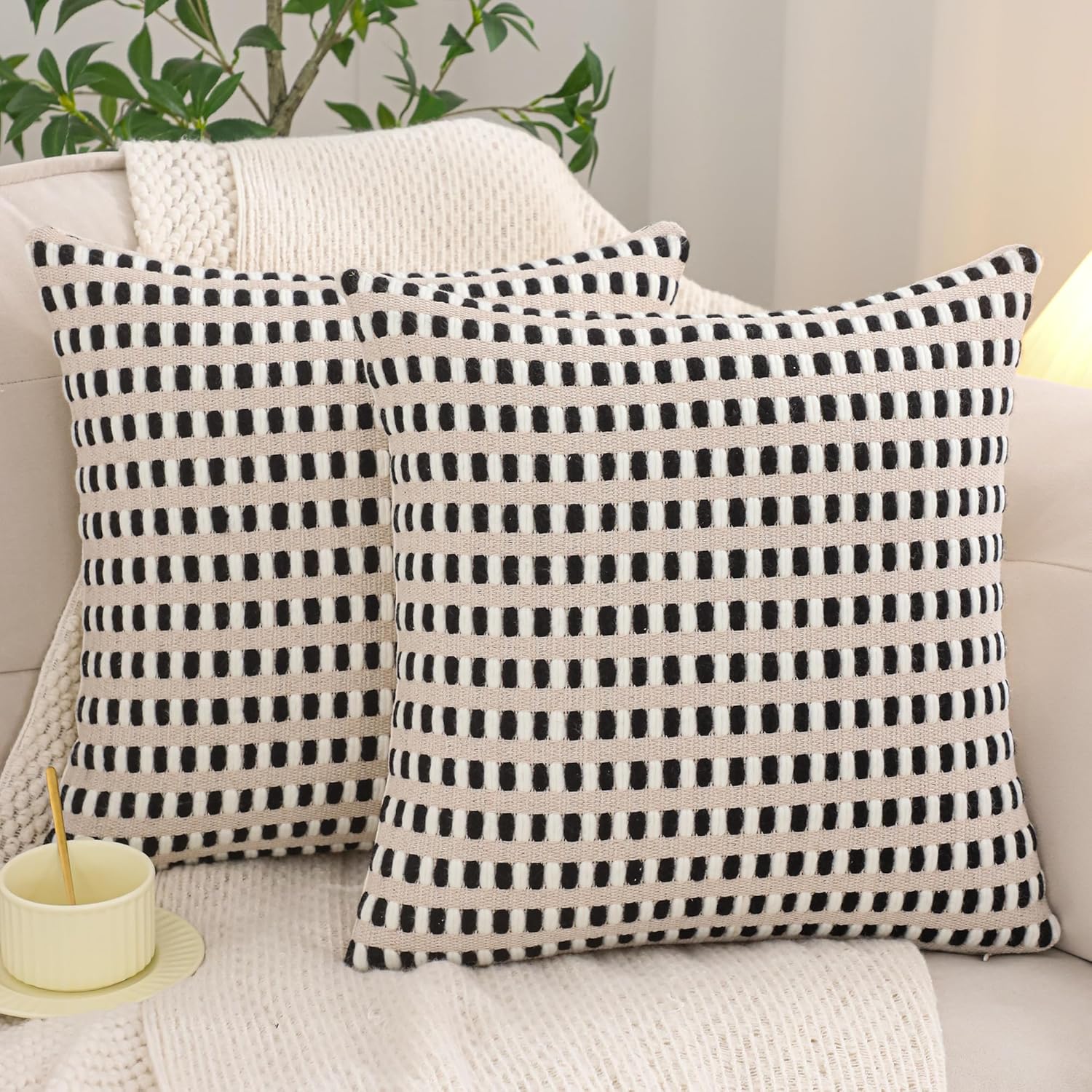 Black and White Pillow Covers 18x18 Set of 2 Boho Throw Pillow Covers Stripe Tufted Decor Pillow Cases Accent Chenille Pillowcases Farmhouse Cushion Case Bohemian Nuetral Textured Pillow Cover