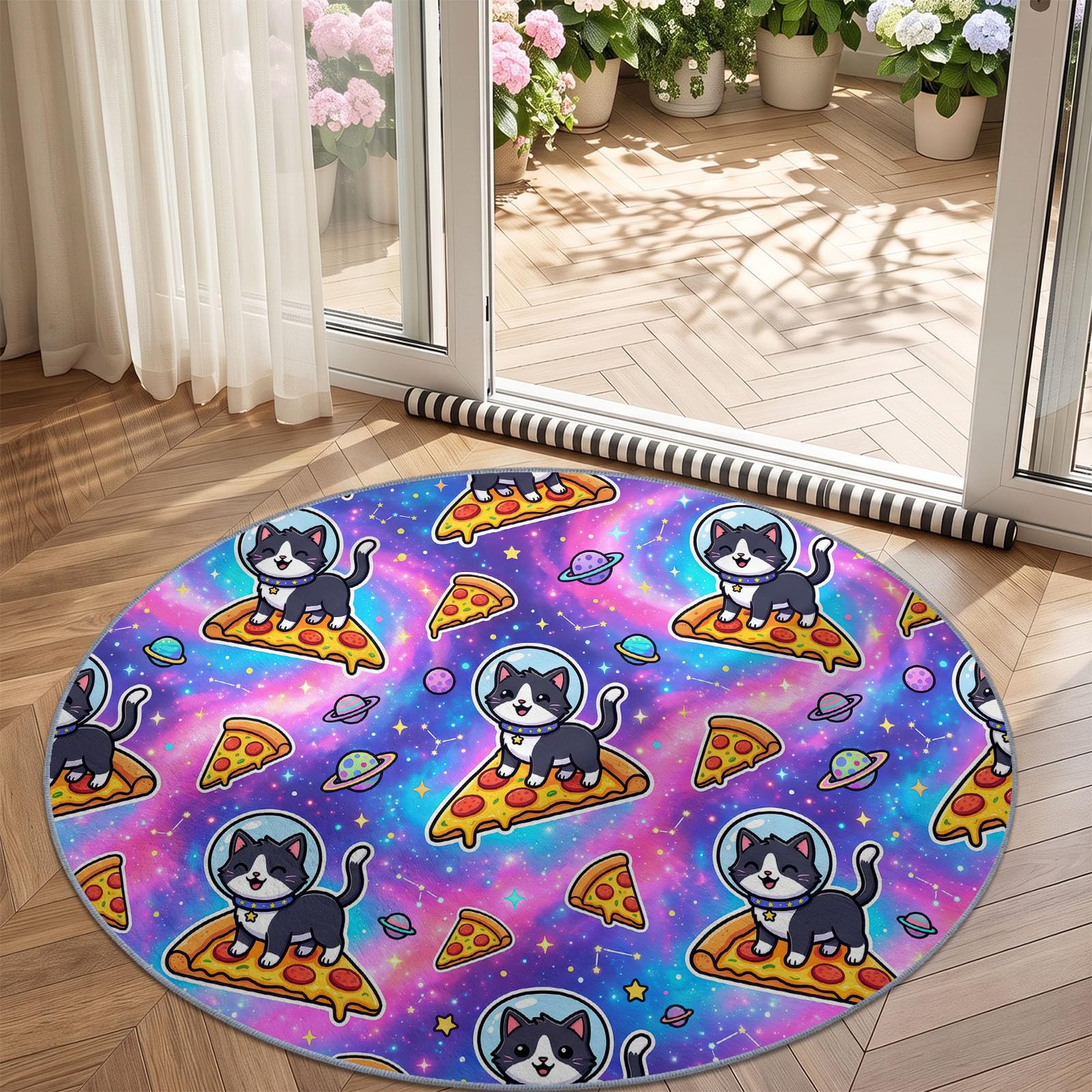 Générique Tapis Rond Multicolore 120 cm, Tapis à Poils Courts Lavable, Rond, Antidérapant et Doux, Design Animal Nourriture Chaton Ludique en Dessin Animé & Galaxie pour Amoureux des Animaux