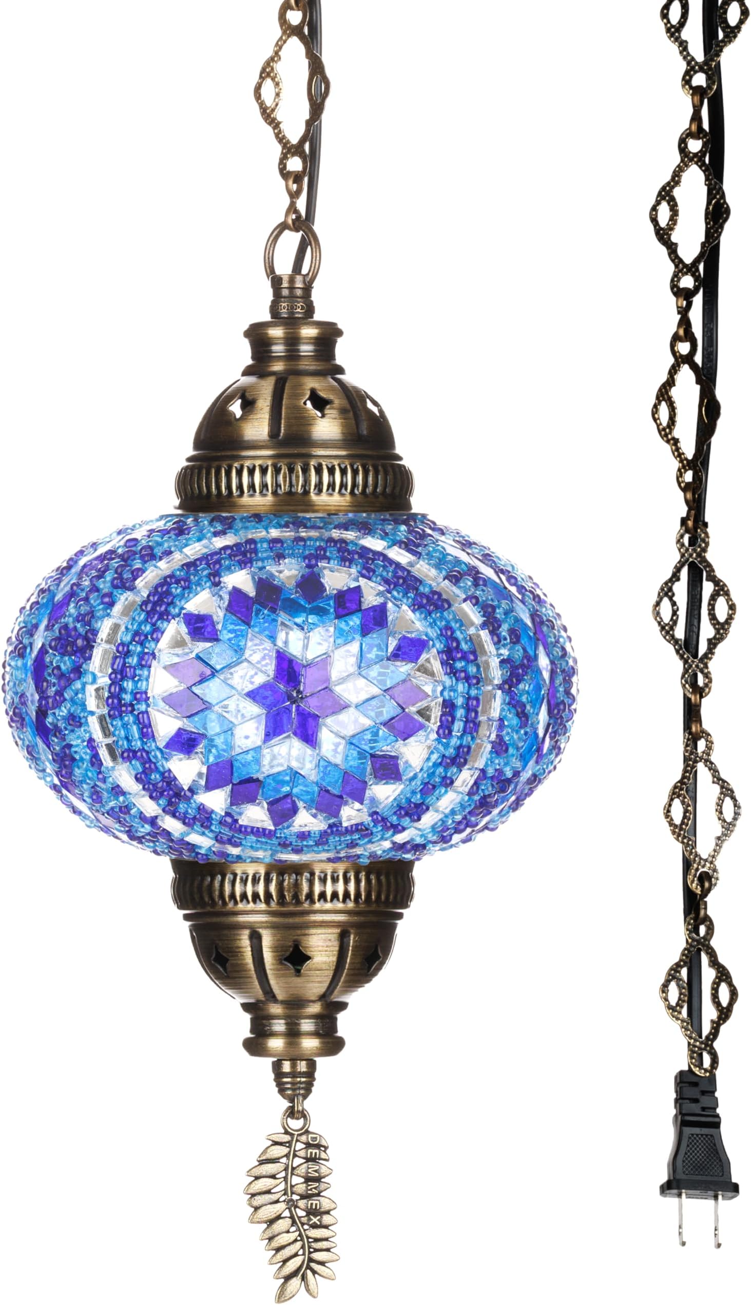 DEMMEX Plug-in Turkish Moroccan Mosaic Hanging Pendant Ceiling Light – Swag Lamp Fixture with 15ft Cord & Chain, Handcrafted Glass, Tiffany Style, Mediterranean Decor (Blue)