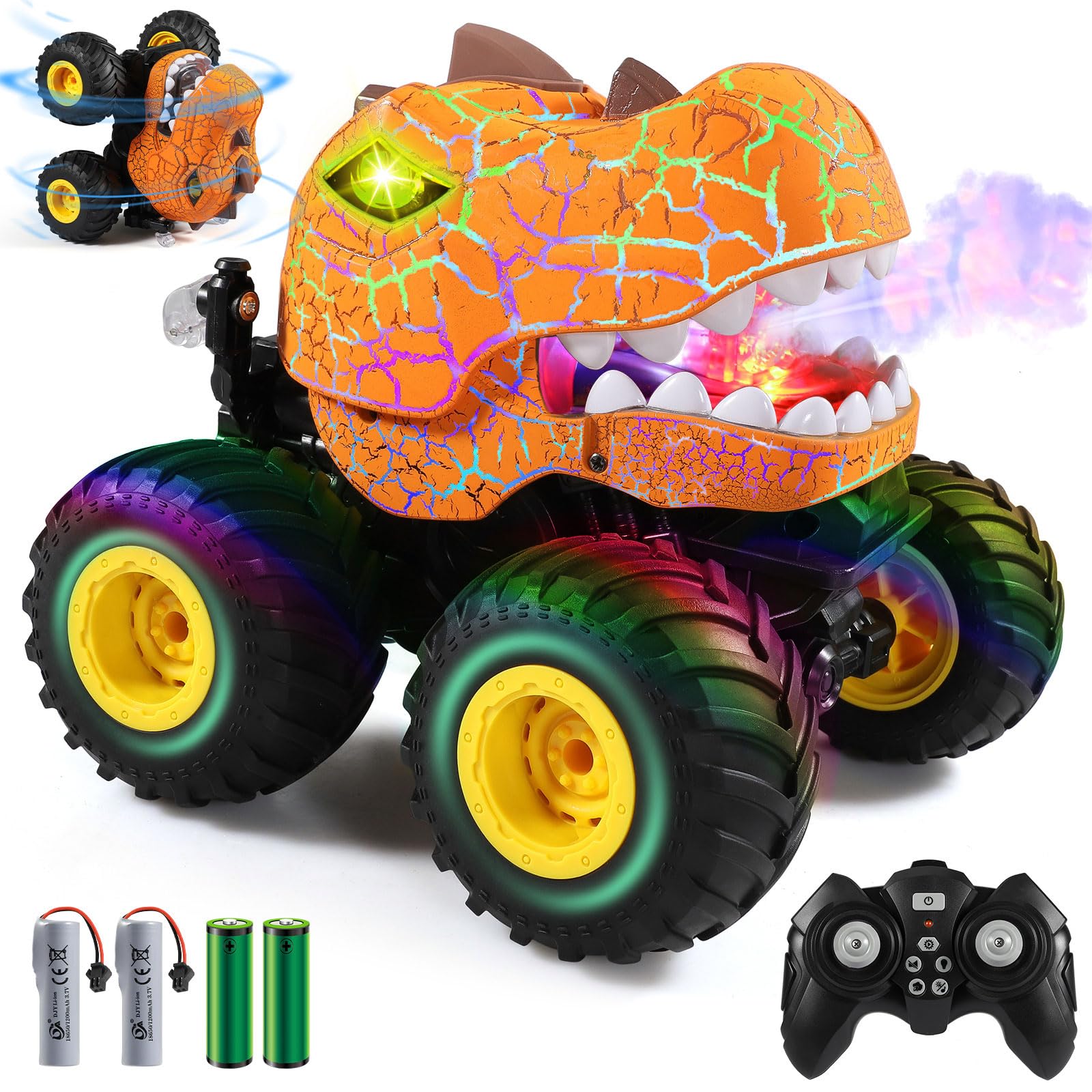 DYODYORC Remote Control Car, 2.4Ghz All Terrain Dinosaur Monster Truck Toys, RC Truck with Spay, Music, 3 Lighting Effects, Stunt Capable, Toy Gifts