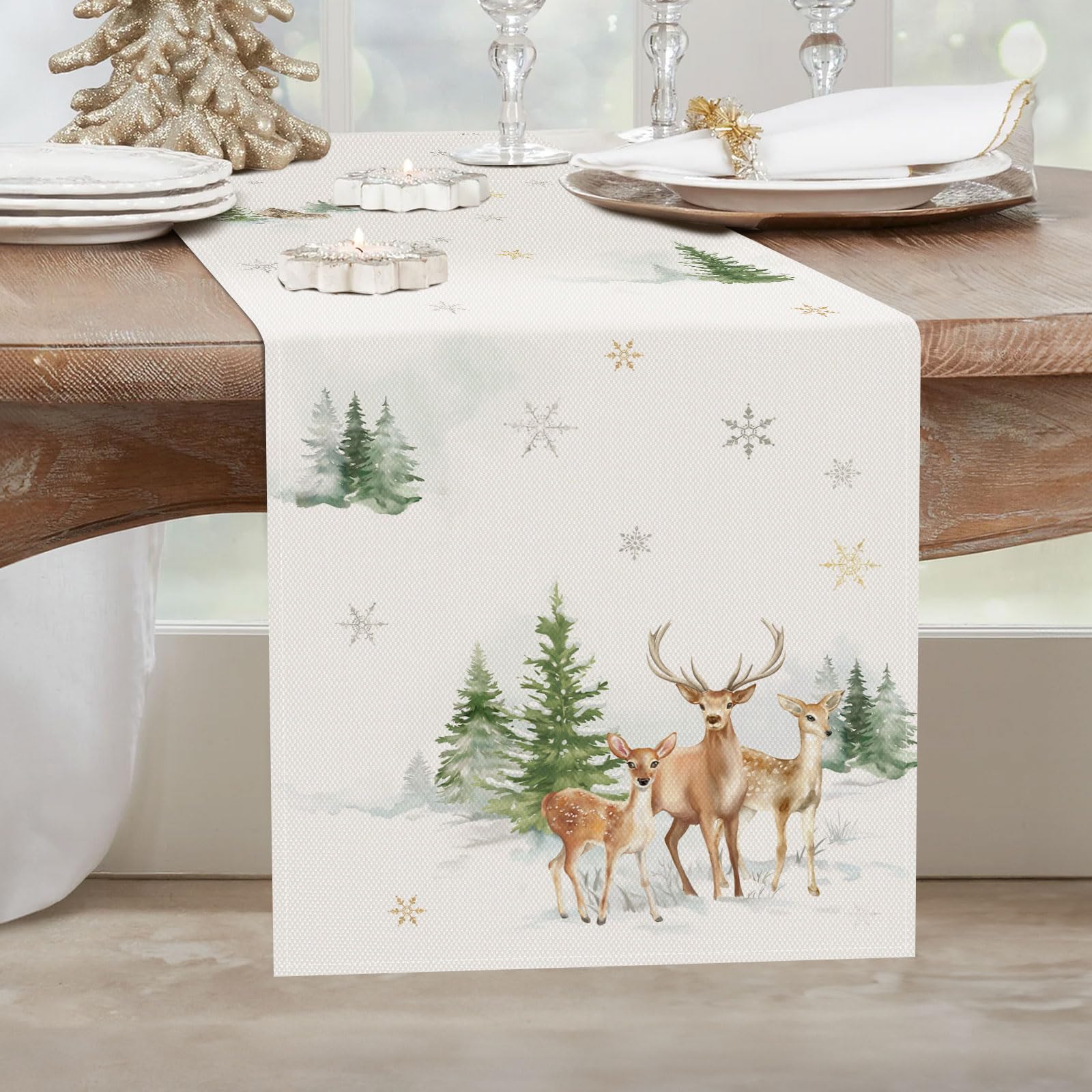 Bonhause Winter Deer Trees Table Runner 13x72 Inch Snowflake Christmas Winter Holiday Kitchen Dining Table Decoration for Indoor Outdoor Home Party Decor
