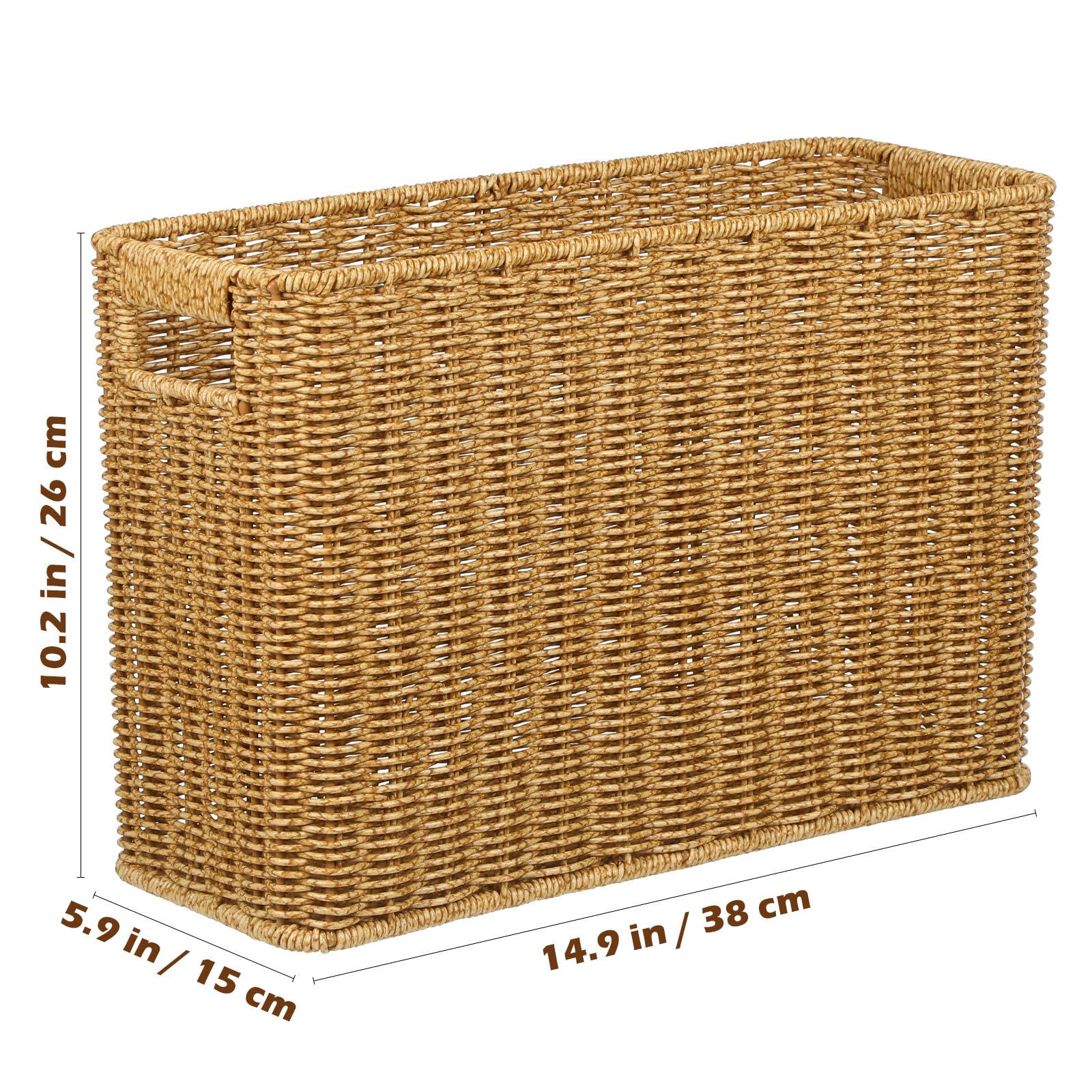 Cesta de Almacenamiento Tejida de Ratán Sintético 32x24x20 Cm Color Café Claro Asas Huecas, Organizador Multifuncional para Escritorio, Cosméticos y Snacks Hogar