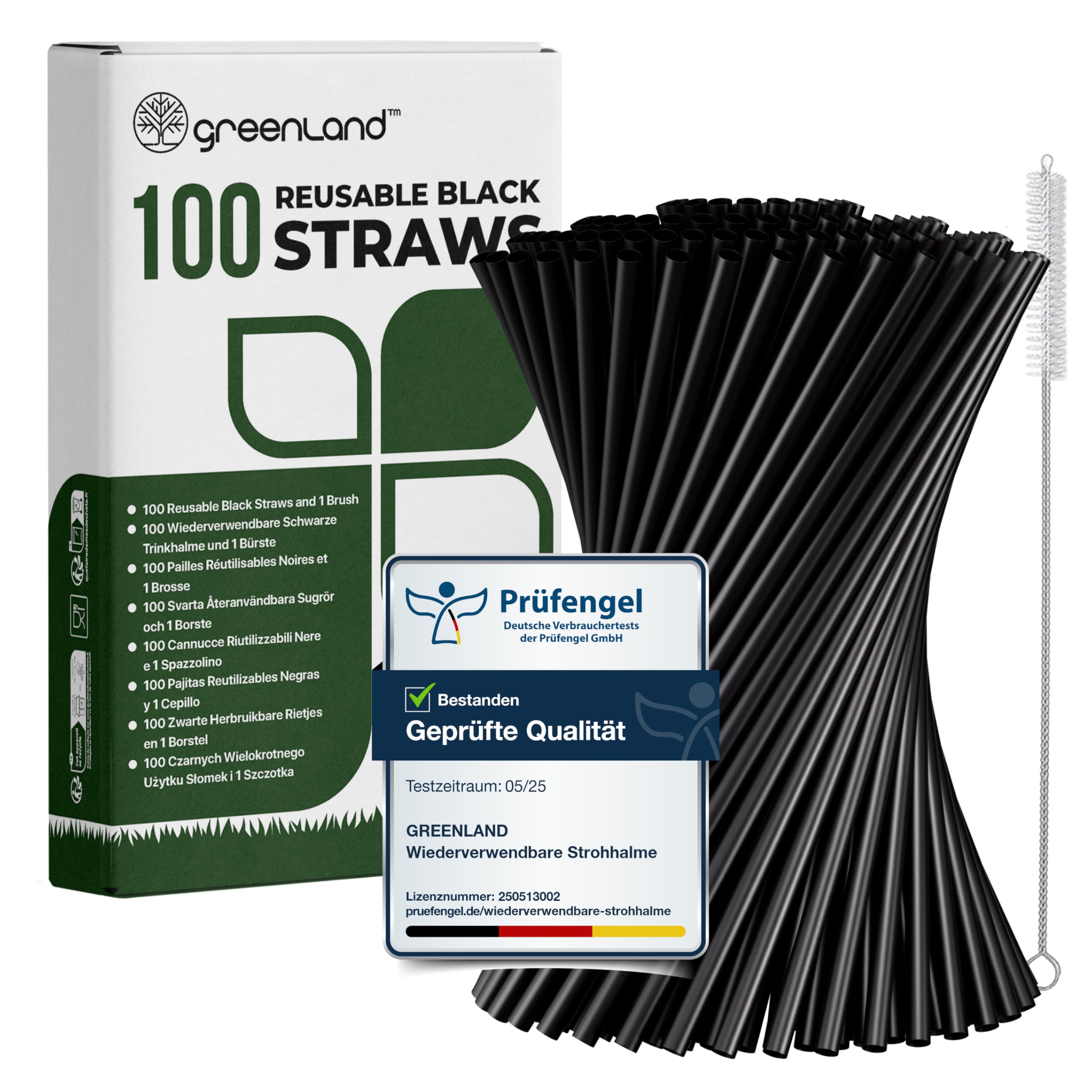 Greenland Wiederverwendbare Trinkhalme mit Bürste - Perfekt für Cocktails, Milch, Saft, Tee (100 Schwarze)