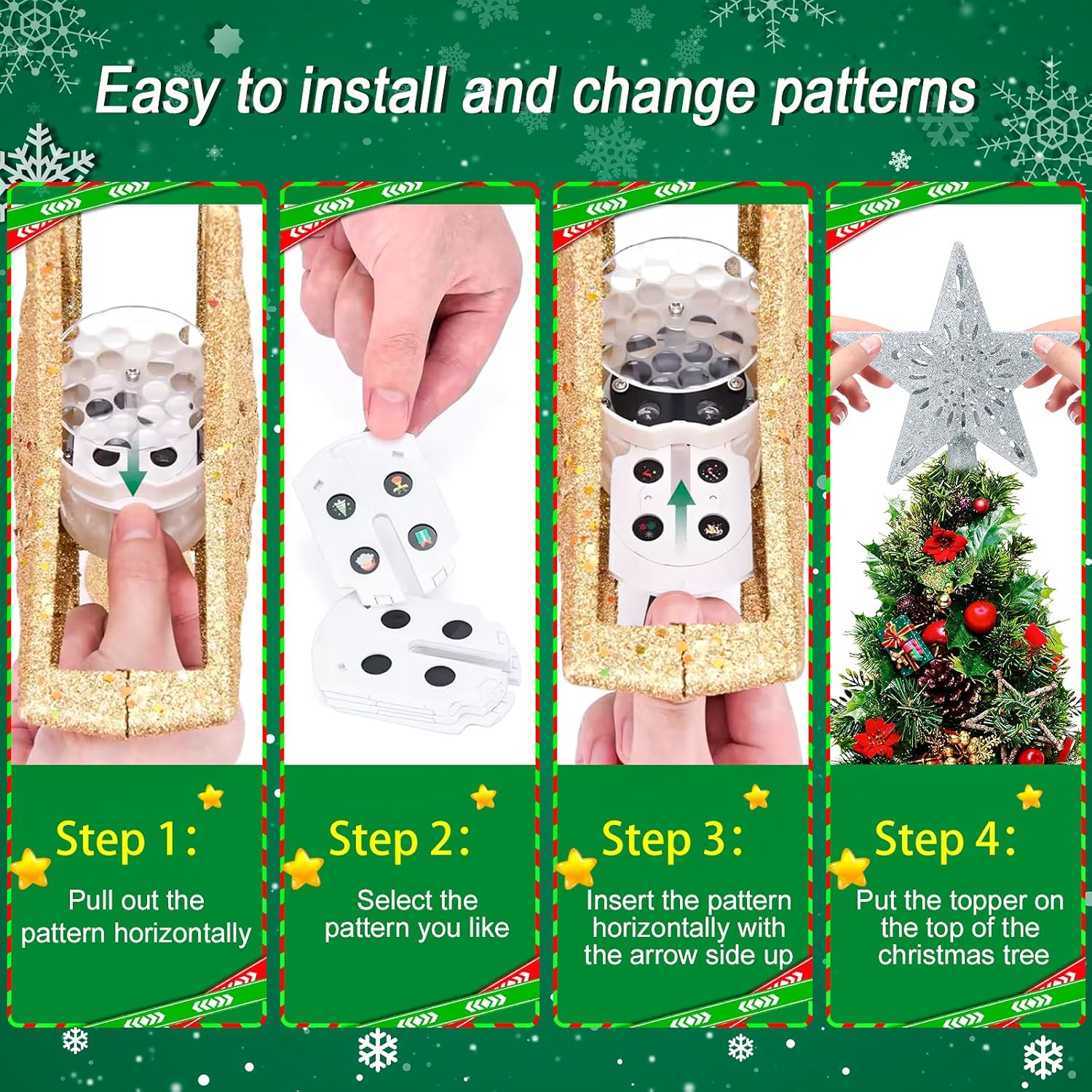 Christmas Tree Topper Projector Lights with 6 Projection Modes, Sliver Star Christmas Tree Topper with Built-in LED Projector, Dynamic Projection for Christmas Party Holiday Decoration