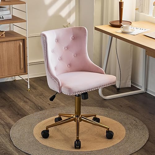 VINGLI Light Pink Velvet Armless Home Office Desk Chair with Gold Base/Wheels,Cute Vanity/Makeup Chair with Back for Bedroom, Upholstered Adjustable Rolling Swivel Nail Chair for Women/Girls