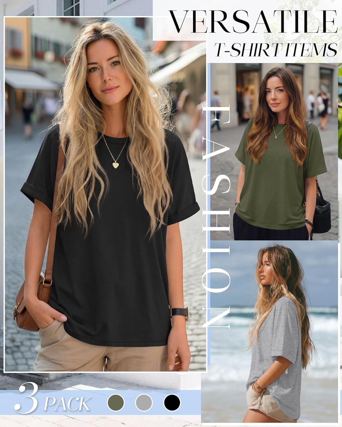 Riyiper 3 Pack Women's Oversized T-Shirt Half Sleeve Summer Tees Casual Loose Fit Crew Neck Basic Tops - Image 5