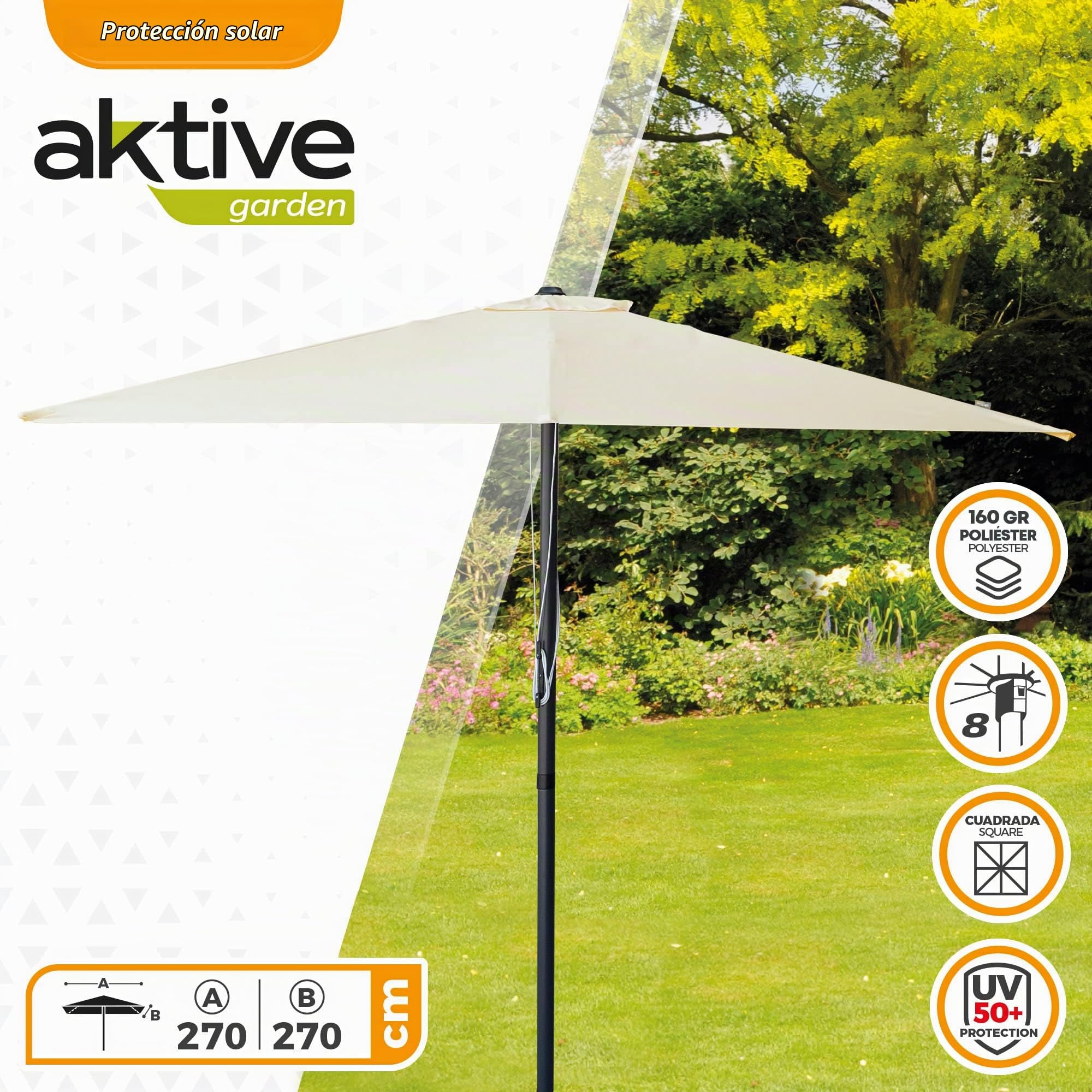 AKTIVE 61125 - Sombrilla jardín y terraza exterior cuadrada antiviento 2,7x2,7m, Estructura de aluminio, fácil de plegar e instalar, Protección UV50, Altura 2,6m, Sombrillas terraza, parasol jardín