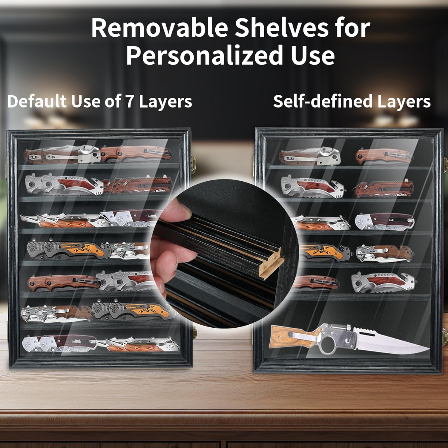 Knife Display Case for Collections, Pocket Knife Display Case with HD Tempered Glass, Lockable Storage Cases with Removable Shelves, Wall-Mounted 7-Layer Wood Cabinet, Black
