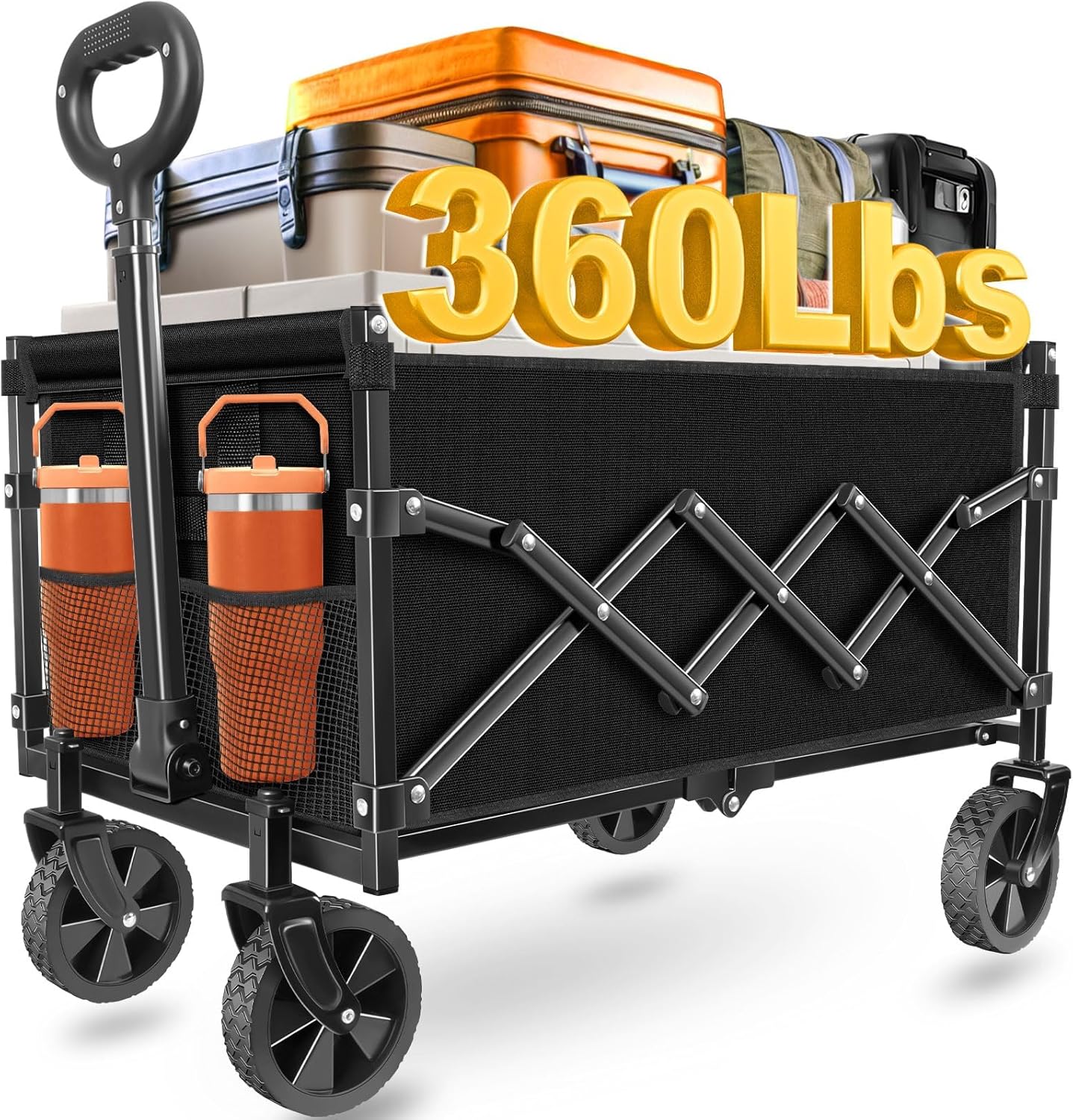 Wagons Carts Foldable, Collapsible Wagon Cart with Wheels - Beach Wagon Cart with Wheels for Sand Sports Camping Grocery, Black Black-360lbs