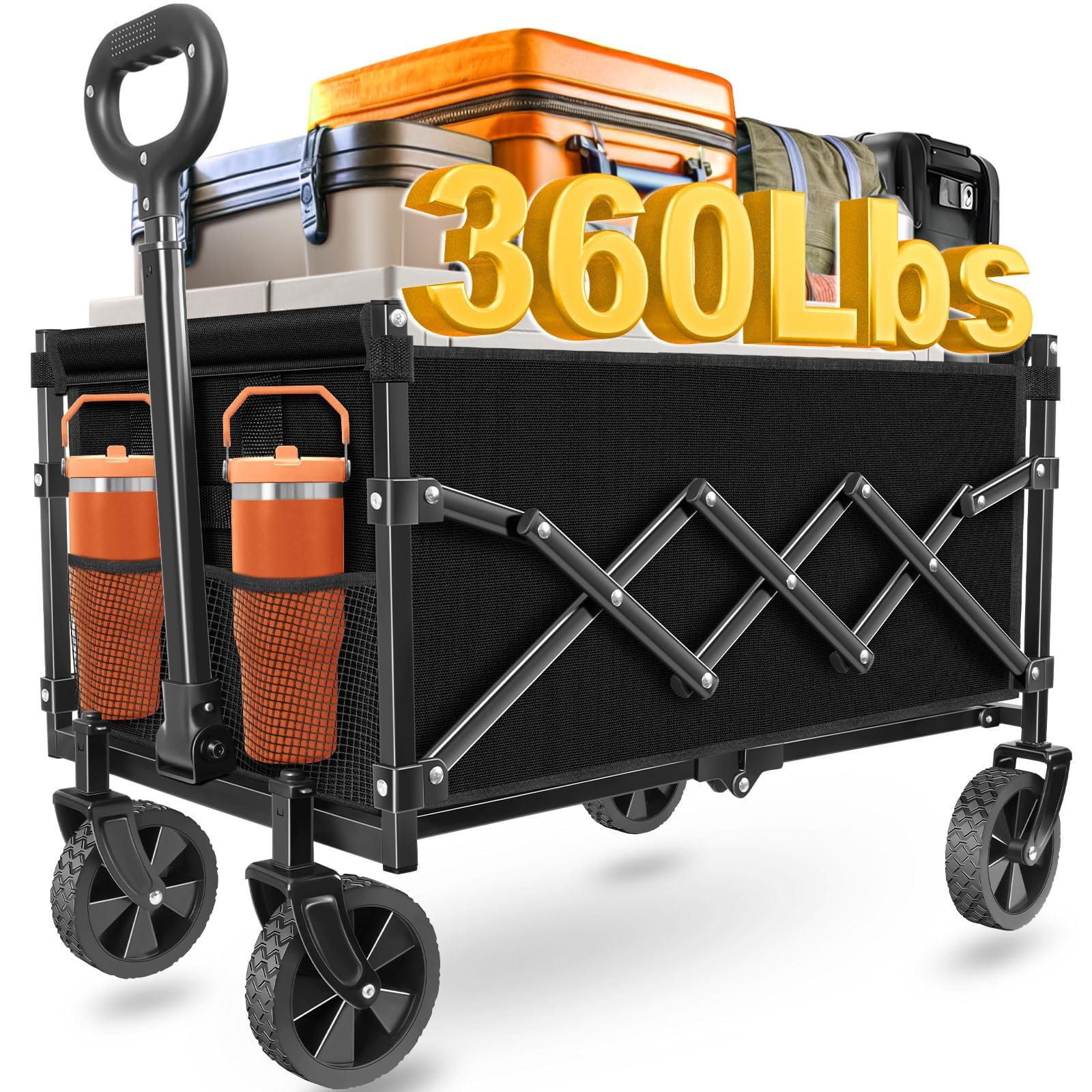 Wagons Carts Foldable, Collapsible Wagon Cart with Wheels - Beach Wagon Cart with Wheels for Sand Sports Camping Grocery, Black