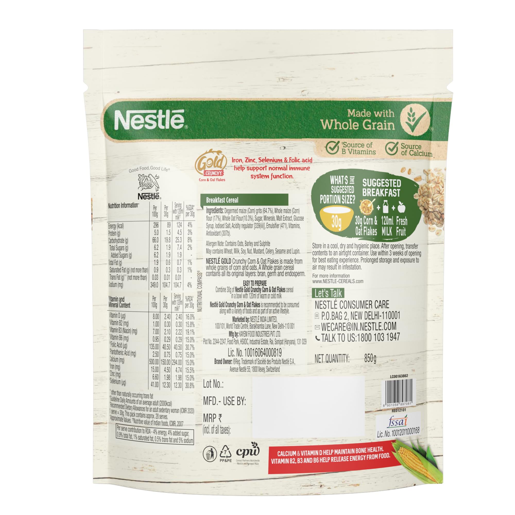 Nestlé Gold Crunchy Oats & Corn Flakes - Breakfast Cereal with Immuno-Nutrients | Made with Whole Grains & The Goodness Of B Vitamins, Calcium & Vitamin D, No Added Colours & Flavours, 850g Bag, Pack of 2