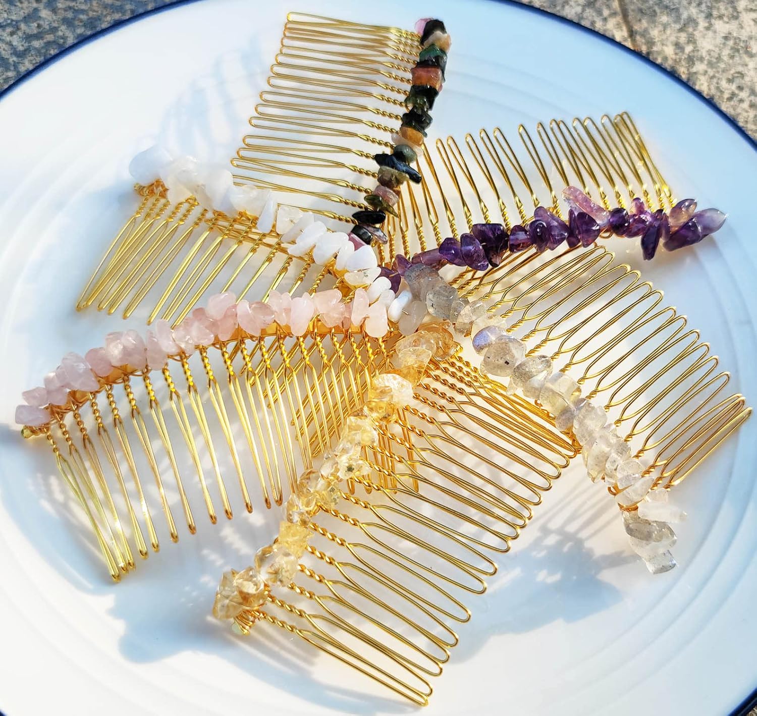 Decorative Hair Side Comb Rose Quartz Women Hair Comb Crystal Hair Accessories Amethyst Jeweled Tiara Handmade Set of 3 : Beauty & Personal Care