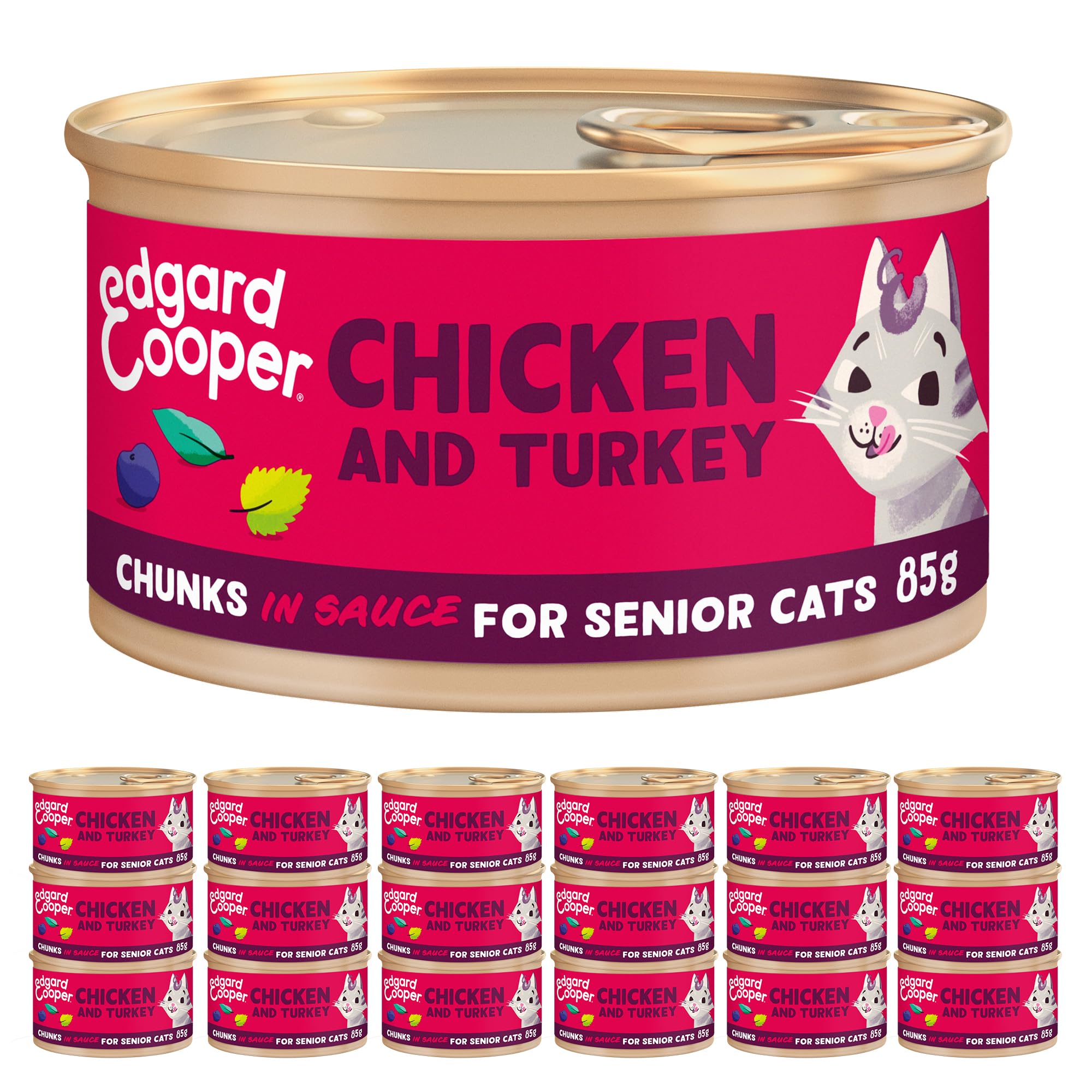 Edgard & Cooper Comida Húmeda Gatos Esterilizados o Activos Gatos Mayores Senior Trozos en Salsa Natural Sin Cereales Latas 85g x 16 Pollo & Pavo, Alimentación Sana Sabrosa y Equilibada