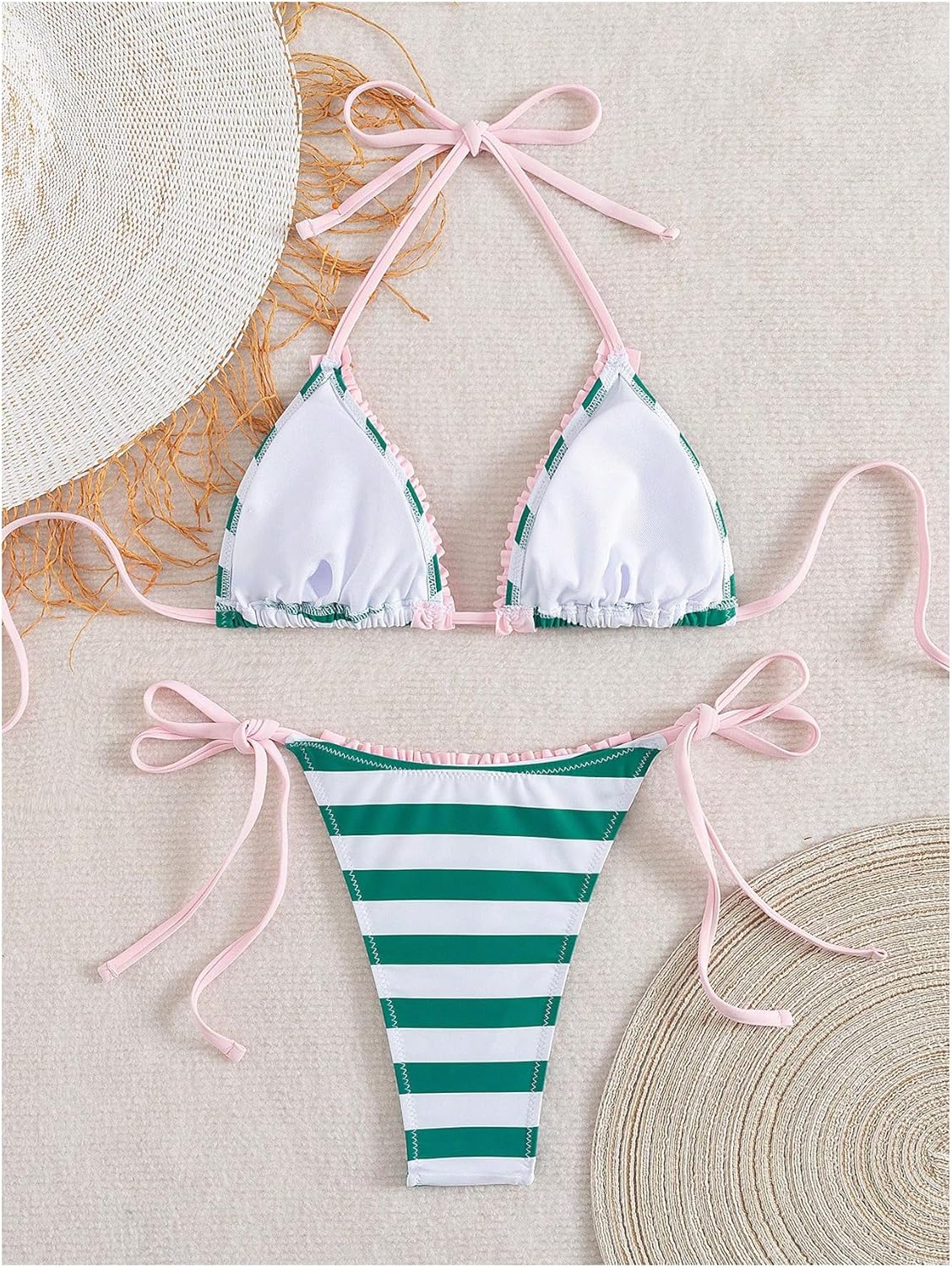 WDIRARA Women's Striped Bikini Sets Frill Trim Triangle Halter Swimsuit Tie Side 2 Piece Bathing Suit - Image 2