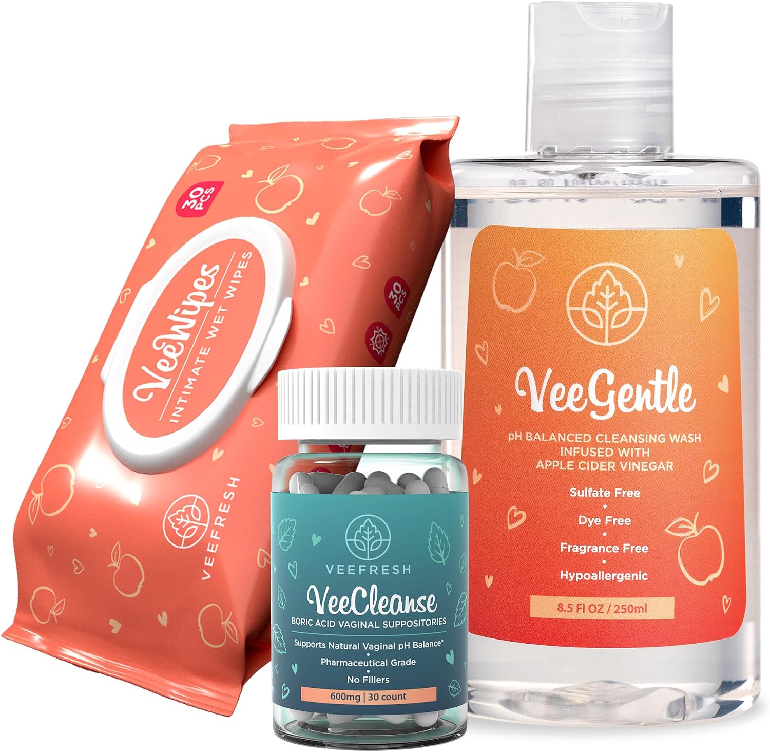 VeeFresh VeePower Bundle - A Convenient Feminine Care Bundle for Any-Time Freshness & Odor Control - VeeCleanse Boric Acid Suppositories + VeeGentle Feminine Wash + VeeWipes ACV for pH Balance