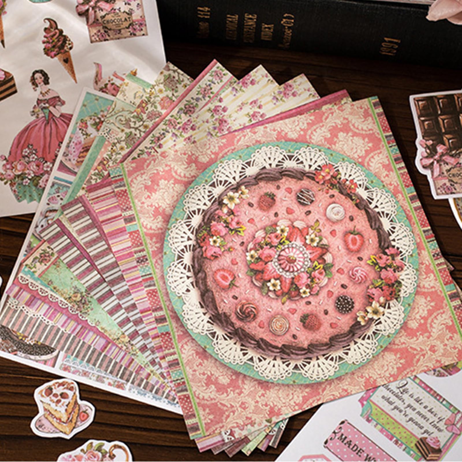 KASESSS Papier de Scrapbooking Desserts - 32 Feuilles 20x20cm, Matériel Artisanat Esthétique à Motif pour Journal, Carnet et DIY Album