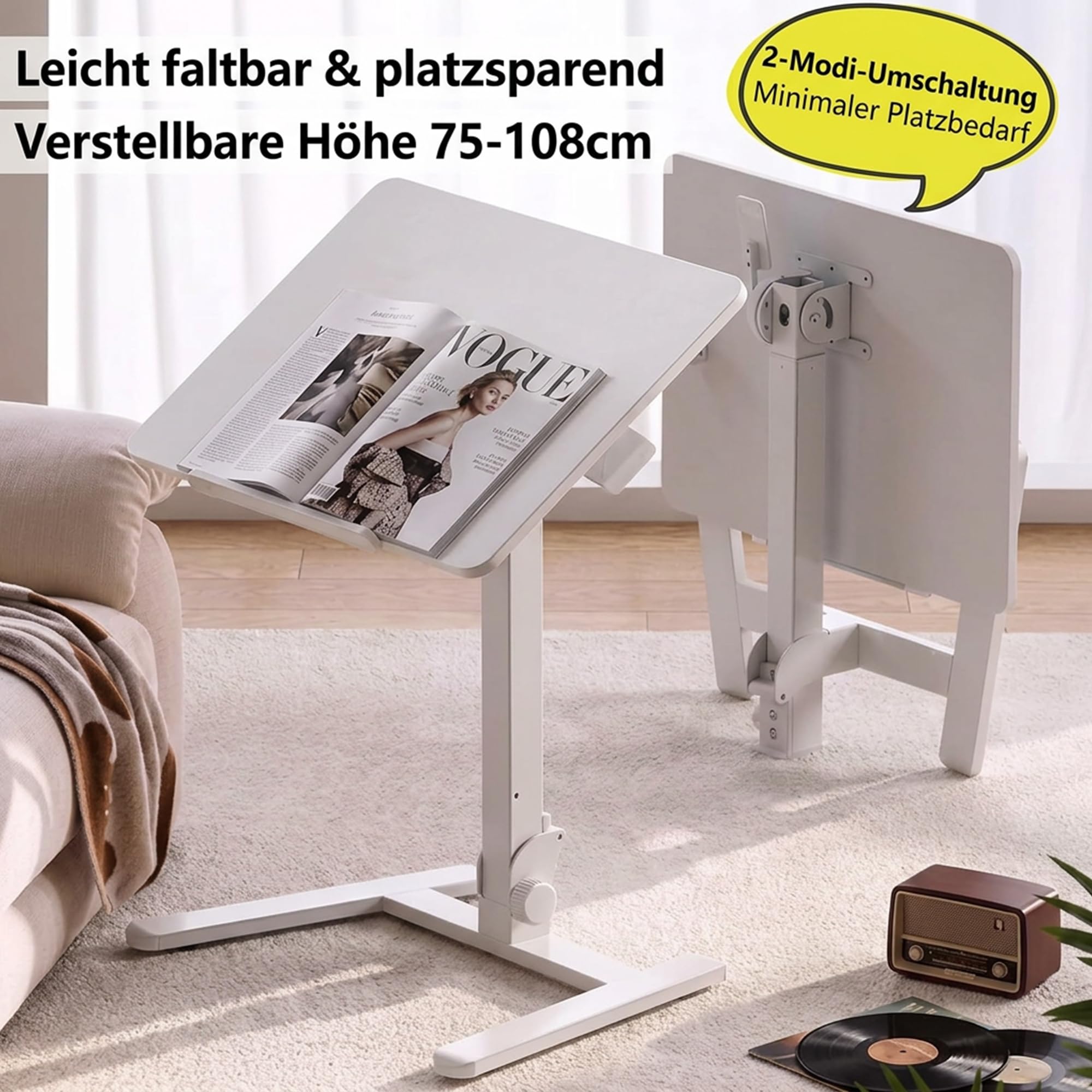 MUSSO AnyDesk D7 Bureau Mobile Pliable pour Ordinateur Portable, réglable en Hauteur 75-108 cm, Plateau inclinable 0-90°, Blanc