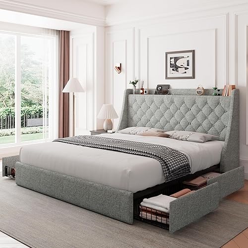 Miniatura 12 de Feonase - Base de cama tapizada tamaño matrimonial, 4 cajones para almacenar, puerto tipo C y USB, estación de carga, cabecera con respaldo capitoné