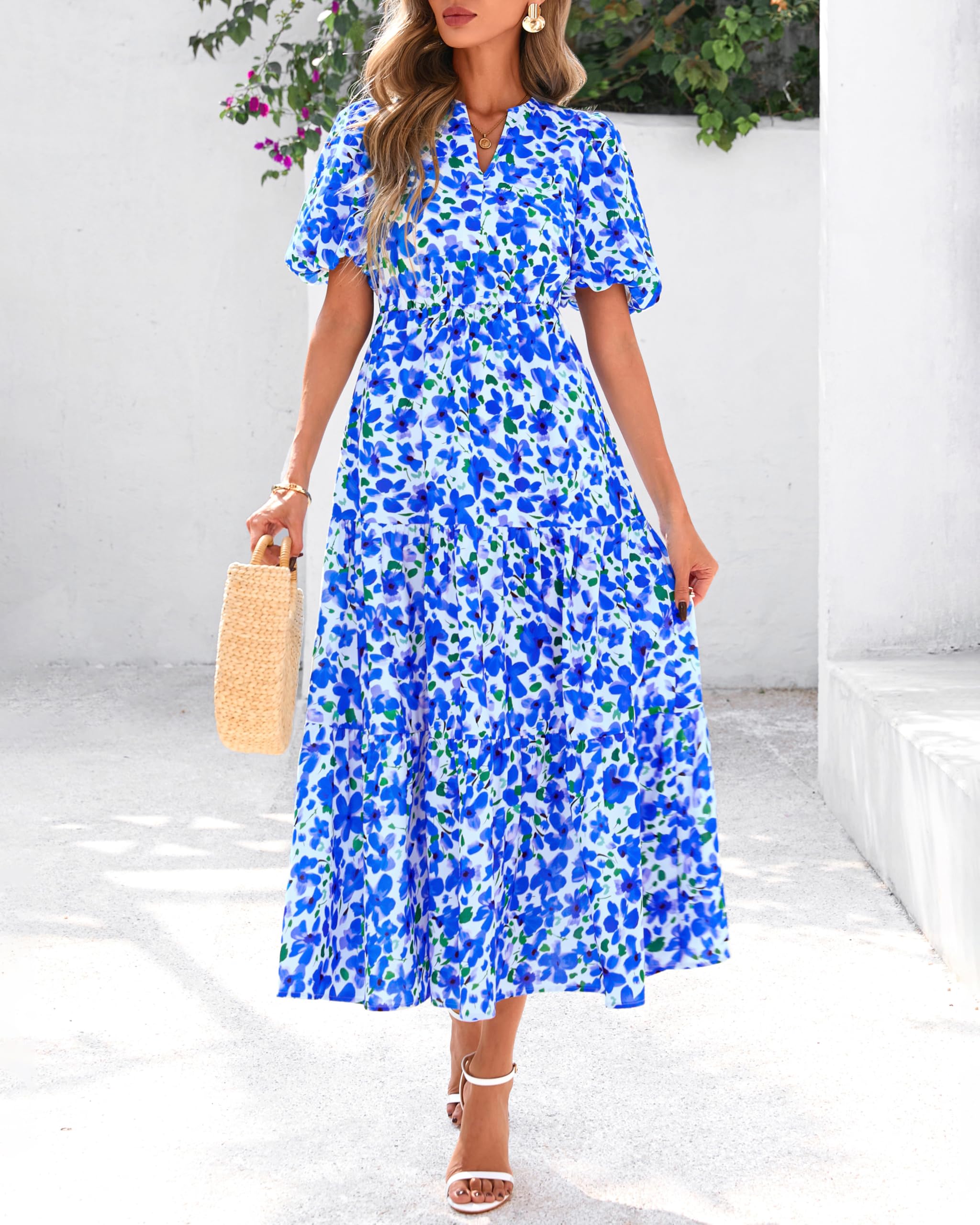 dowerme Damen-Sommerkleider 2025, lässig, Puffärmel, V-Ausschnitt, Blumenmuster, Boho, gestuft, Rüschen, Maxikleid mit Taschen