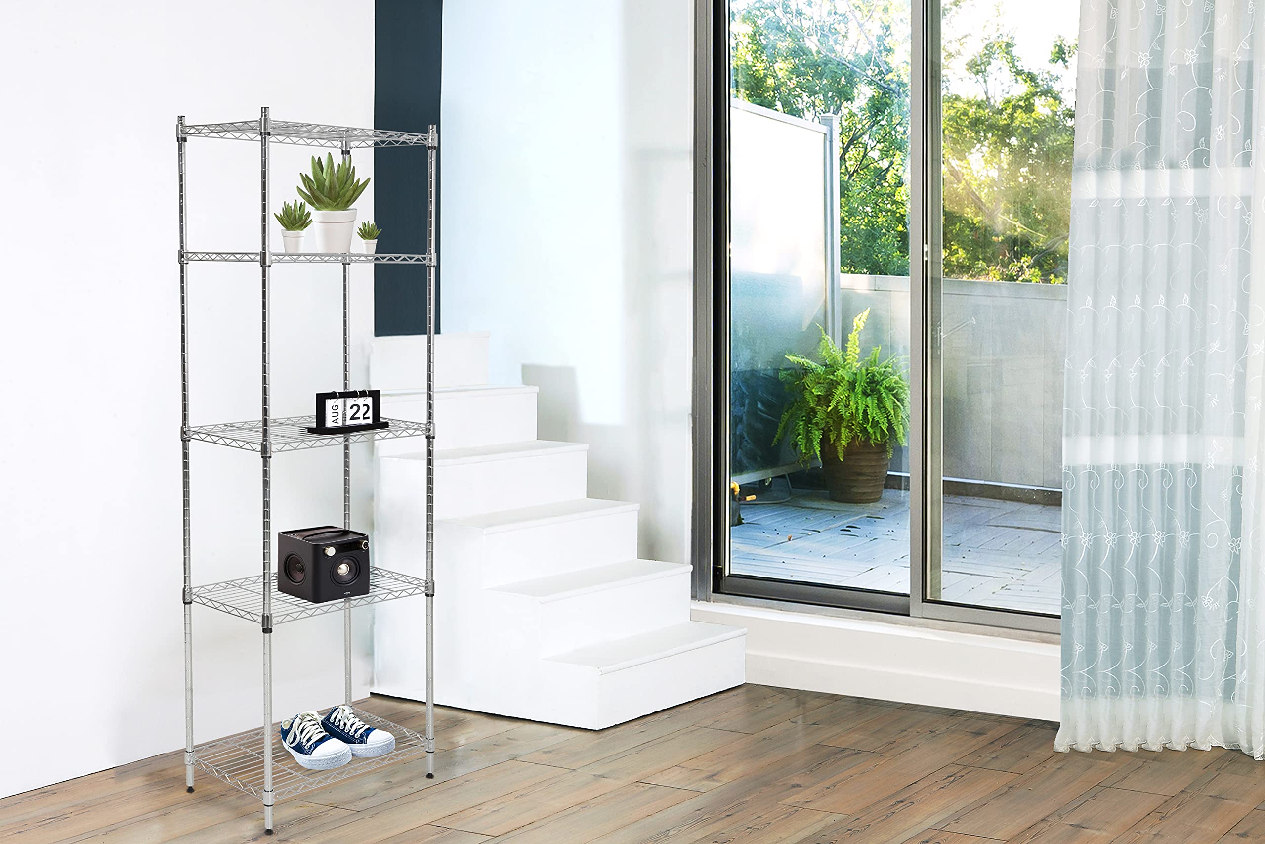Scaffale in metallo cromato con montaggio ad incastro (L59 x P34 x H174 cm)