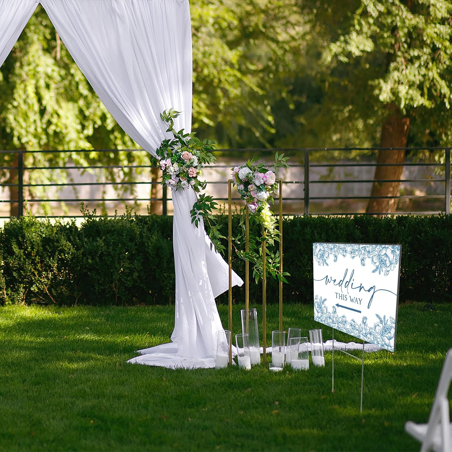 3 Pack 17''×12.5'' Wedding This Way Signs Double Sided Printed Wedding Directional Parking Sign with Stakes for Ceremony Reception Lawn Yard Arrow Signs Plastic Rainproof Party Supplies,Blue Floral