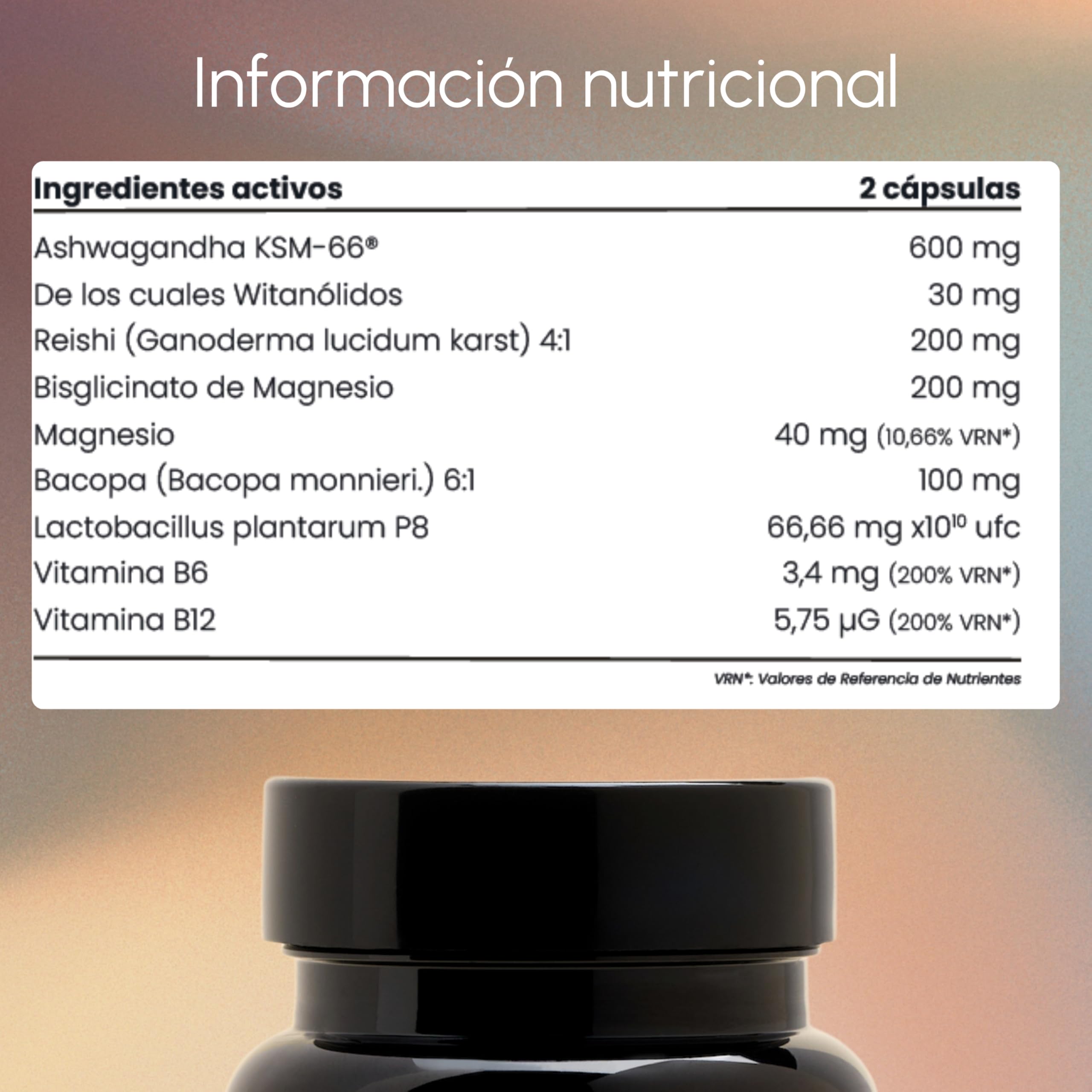 Cortisol Calm Ansiedad, Estres, Niebla Mental - Ashwagandha KSM-66 15:1, Magnesio Bisglicinato, Bacopa Monnieri, Reishi, Vitamina B6 y B12 y Probioticos - Nootropico Relajante Natural 60u