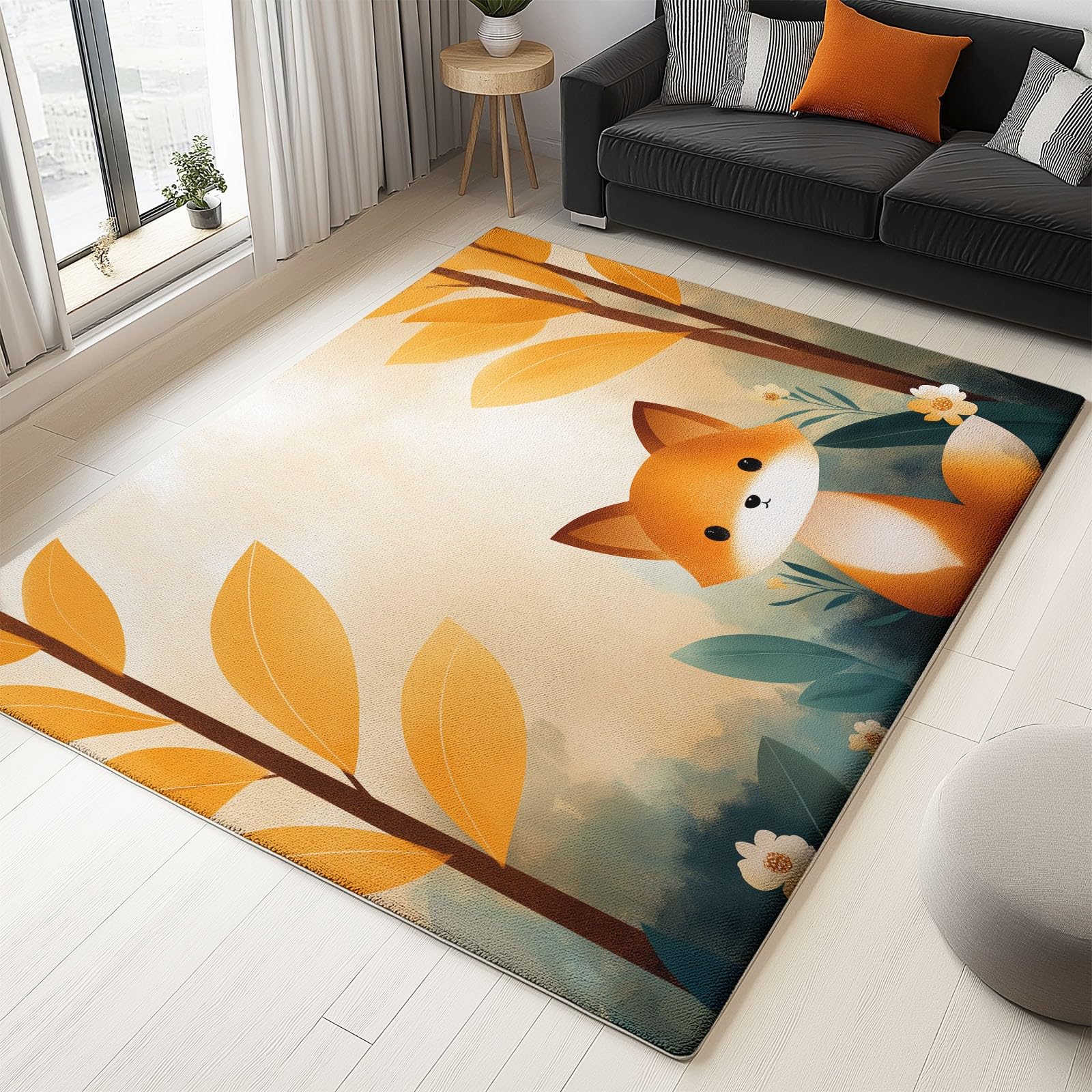Tapis de bain absorbant jaune 90x150 cm avec motif floral et renard