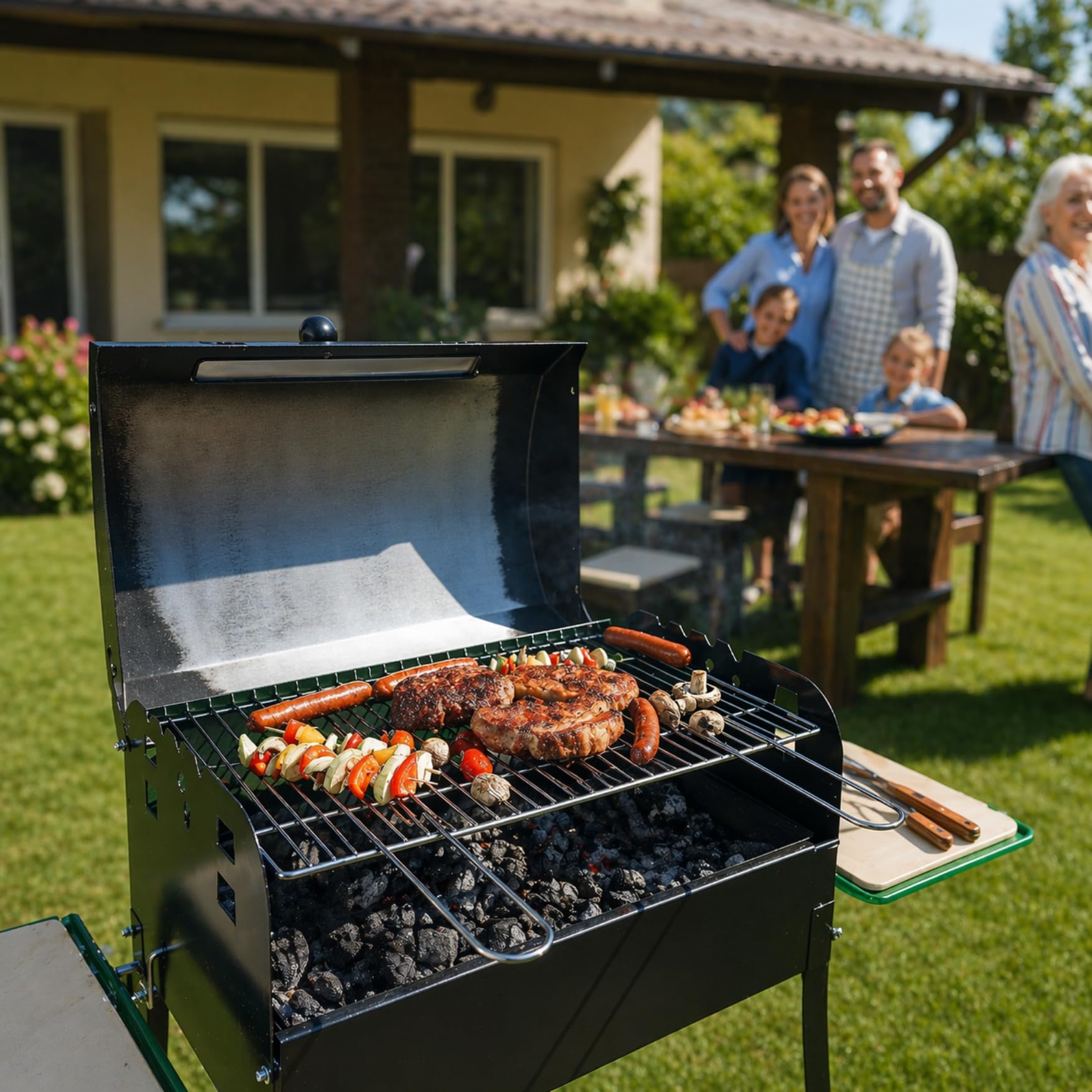 Griglia per Barbecue 67 X 40 CM In Acciao Cromato Con Manici a Tondino Richiudibili Regolabile per Barbecue a Muratura e Portatili