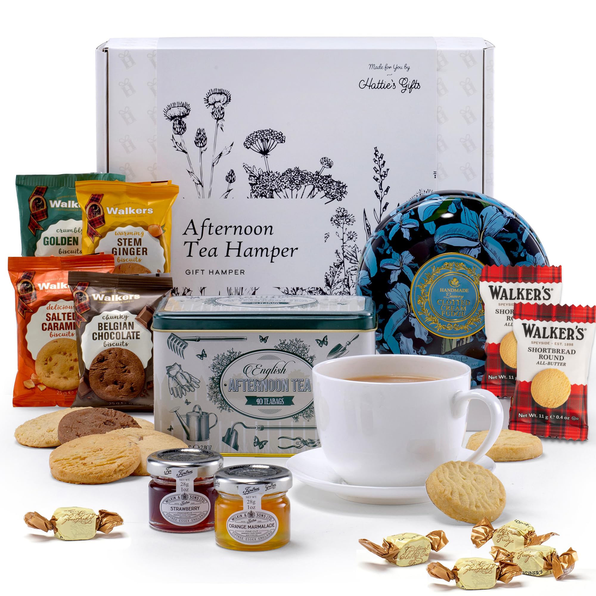 Hattie's Gifts Afternoon Tea Hamper Gift Box – English Garden Tea, Clotted Cream Fudge and Shortbread Biscuits | Luxury British Teabags & Biscuit Gift Set