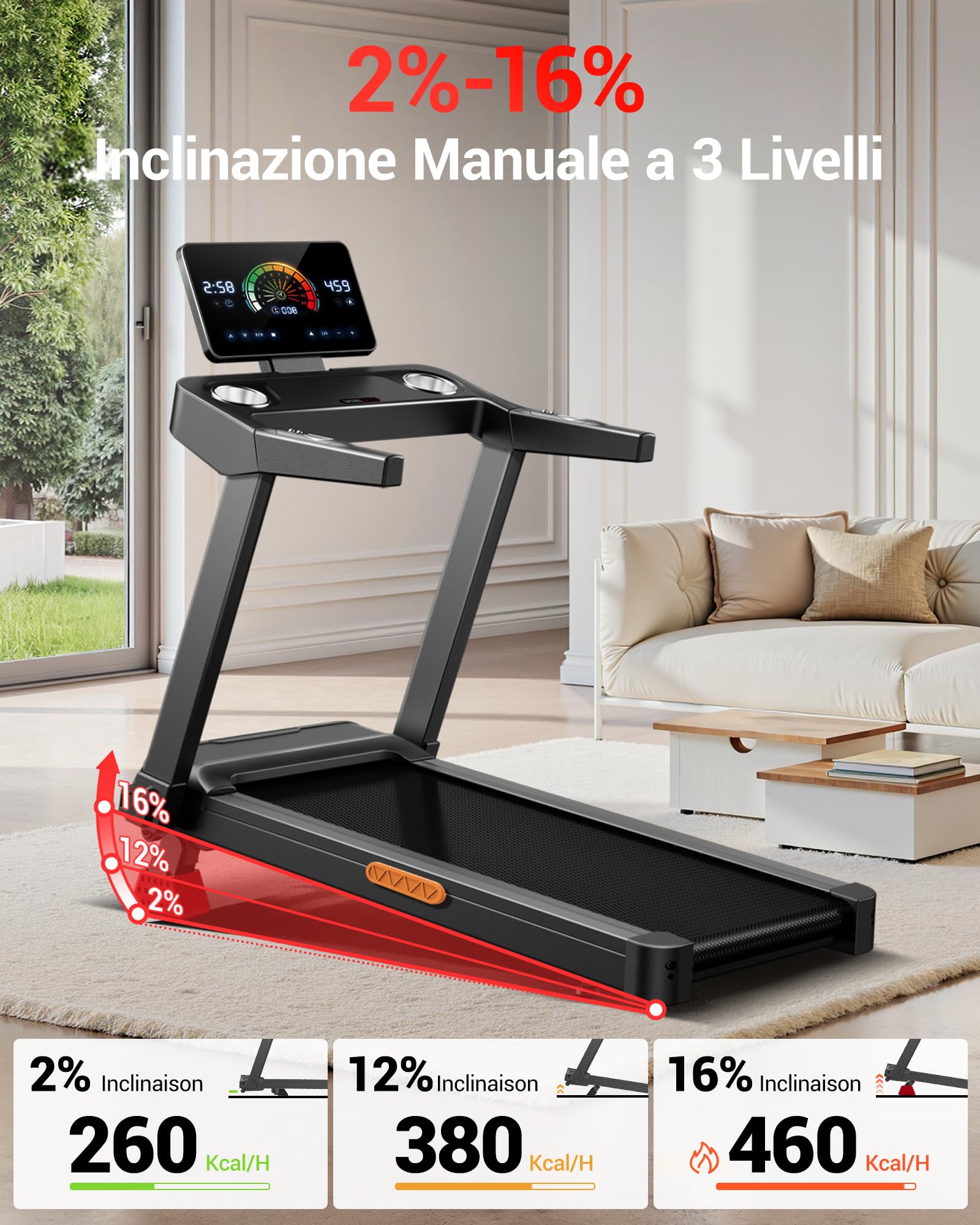 UMAY Tapis de Course Pliable Inclinable 16%, 14KM/H, 3,5CV, Charge Max 180KG
