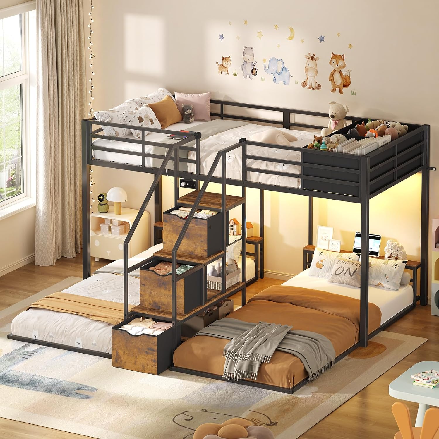 ADORNEVE Triple Bunk Bed with Storage Staircase, RGB Lights & Charging Station, Twin Over Twin, Heavy Duty Metal 3 Bunk Beds with Drawers & Headboard Shelf, Safety Guardrails, for Kids, Black