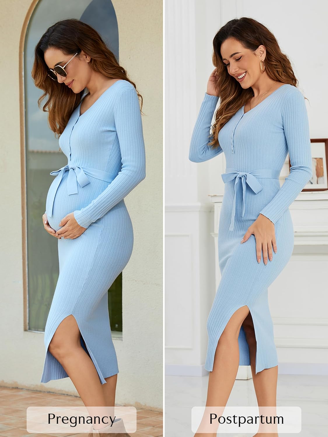 Ecavus Women's Winter Maternity Sweater Dress Long Sleeve V Neck Slim Fit Ribbed Knit Midi Bodycon Dresses with Belt